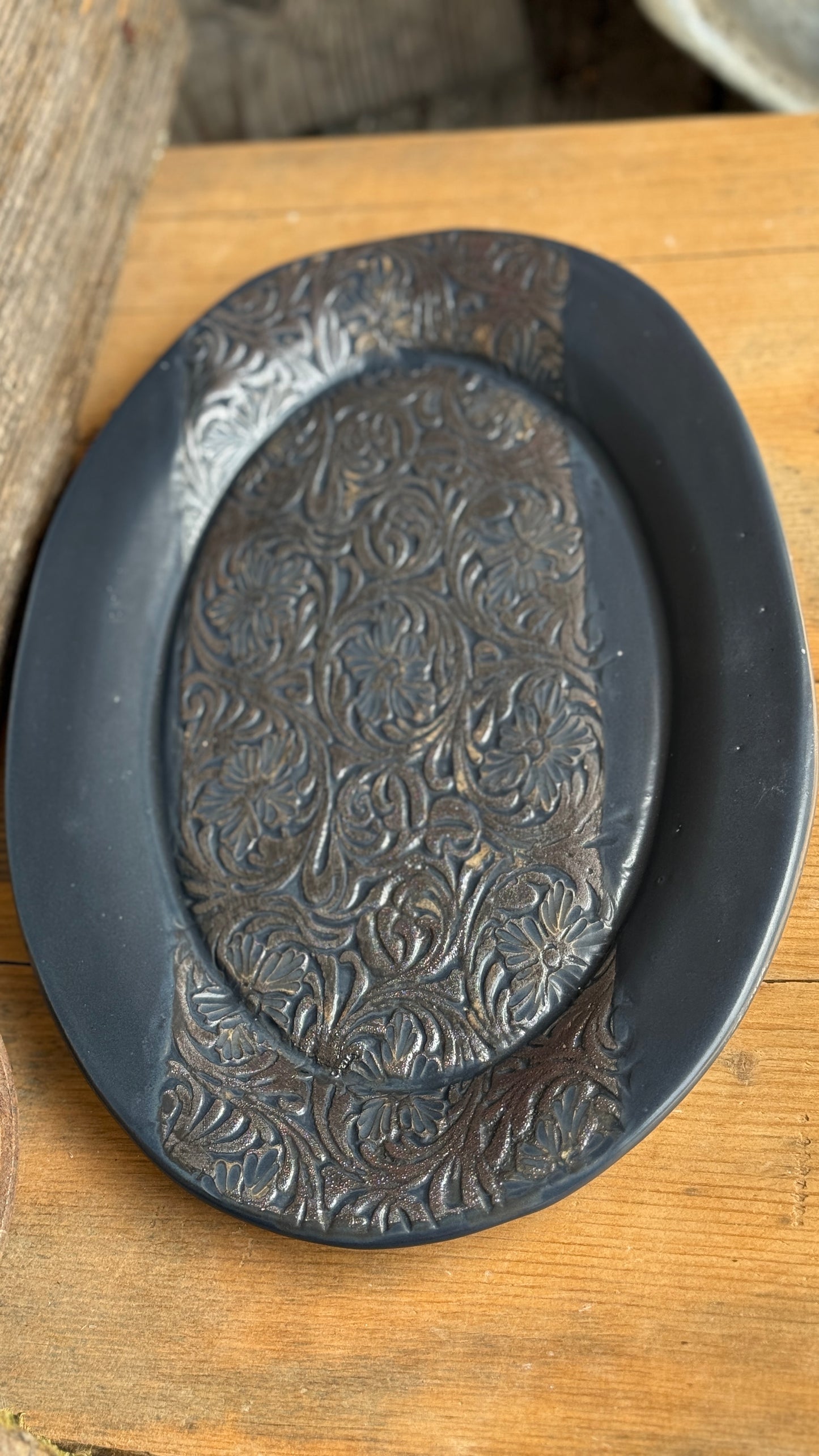 13.5” Platter “hand tooled leather”