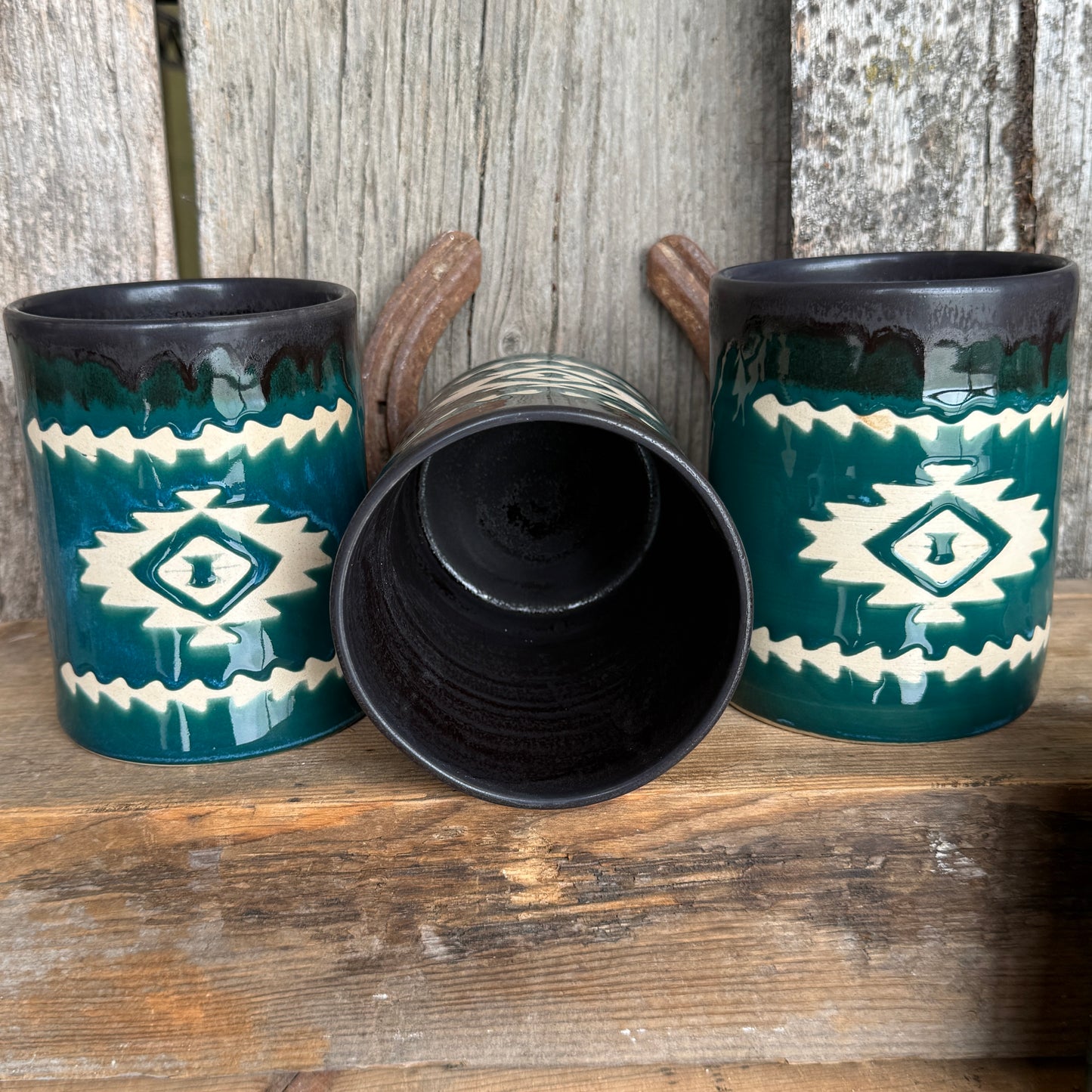 Cup Set of 4 - Southwestern Black and Turquoise Green