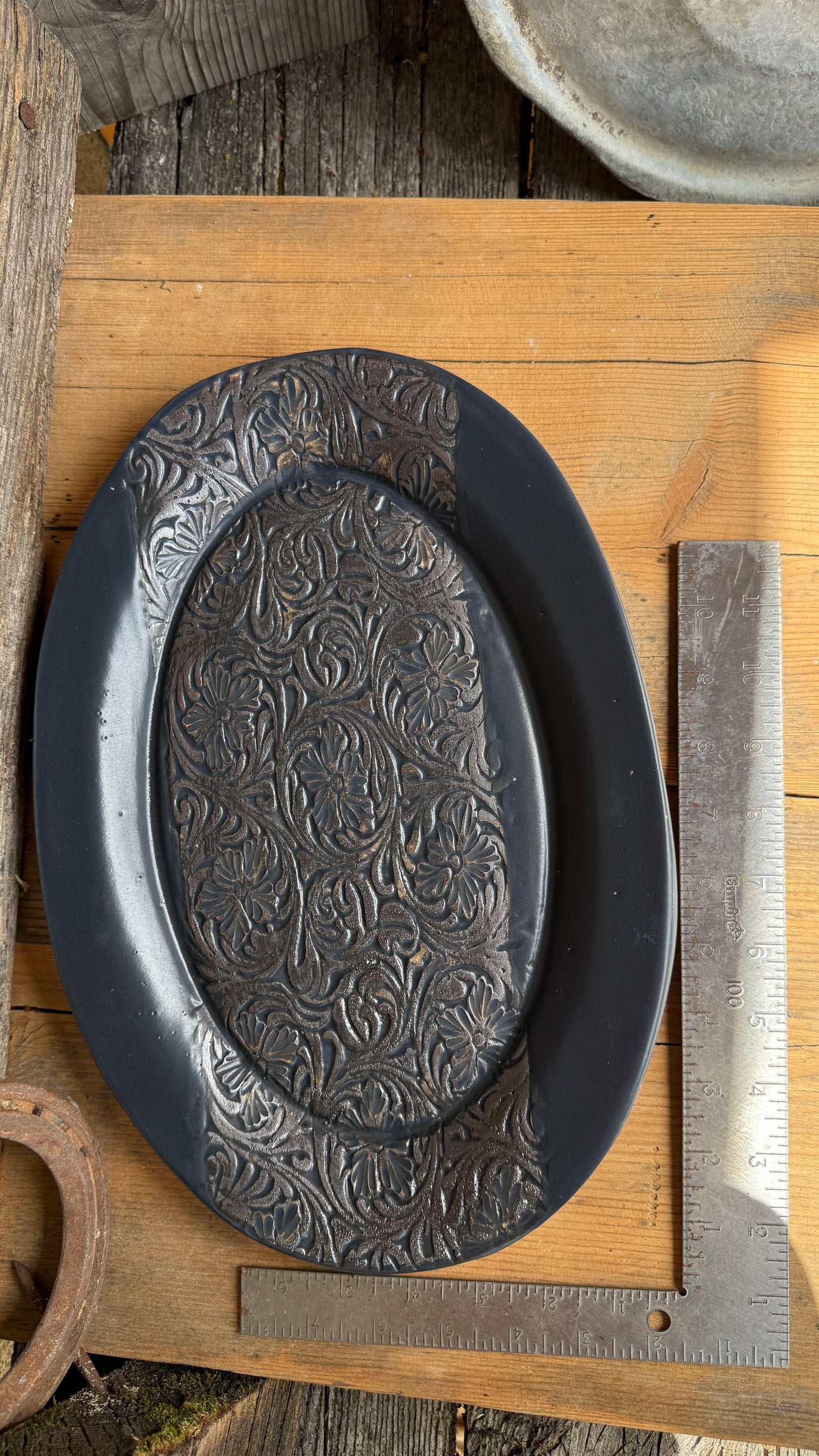 13.5” Platter “hand tooled leather”