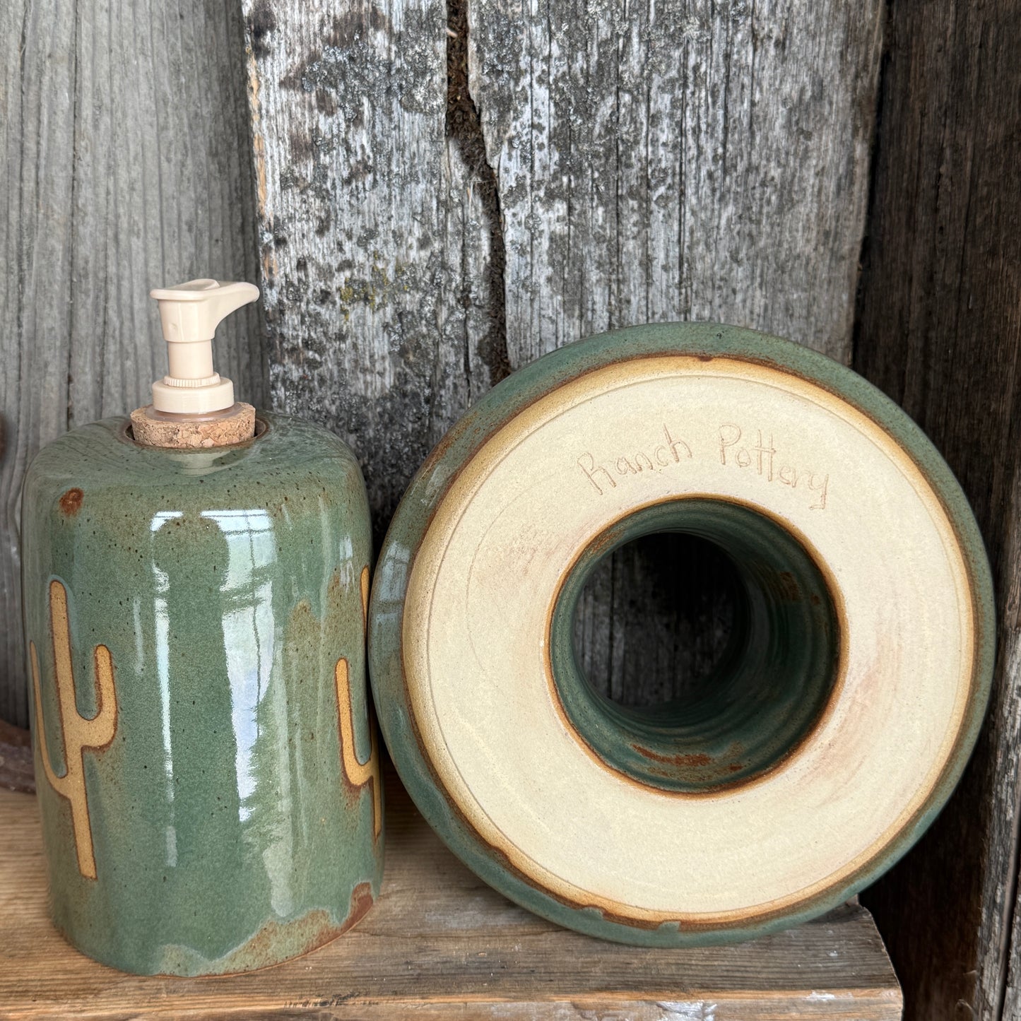 Bathroom Set of 2 - Soap Bottle, toothbrush holder - Cactus Sagebrush
