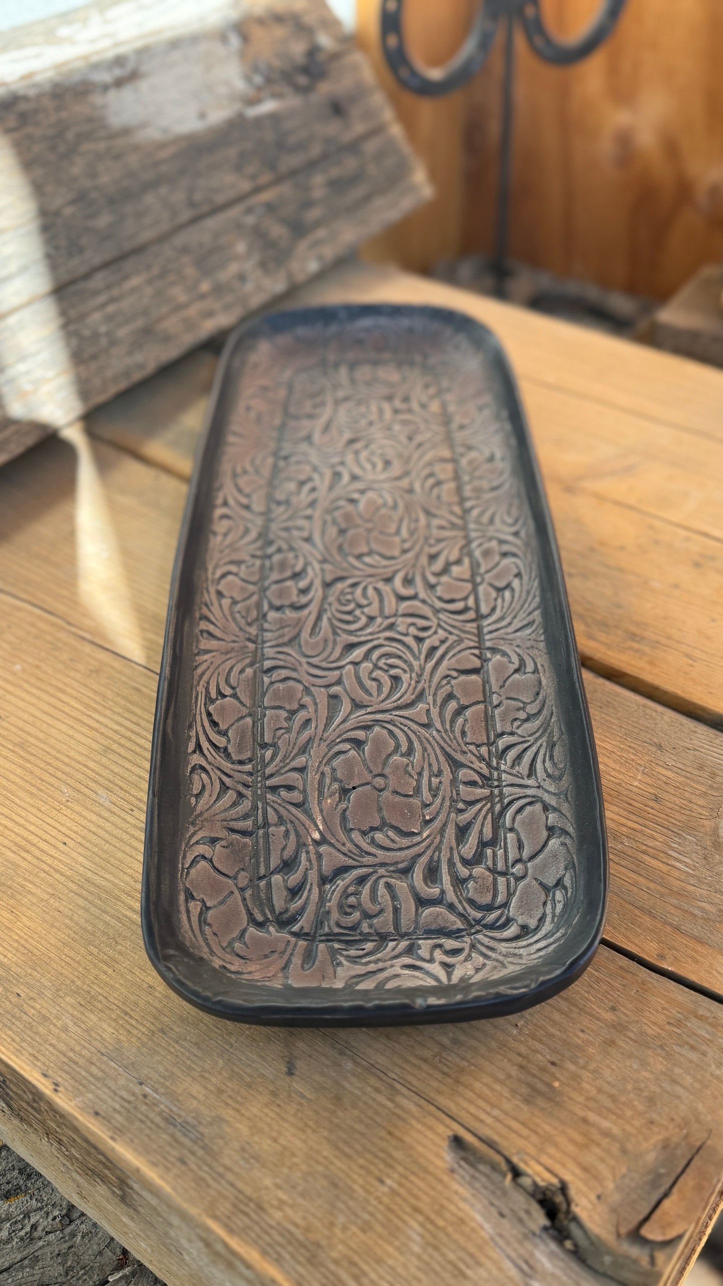 15” Stamped Leather Serving Platter and Butter Dish Set