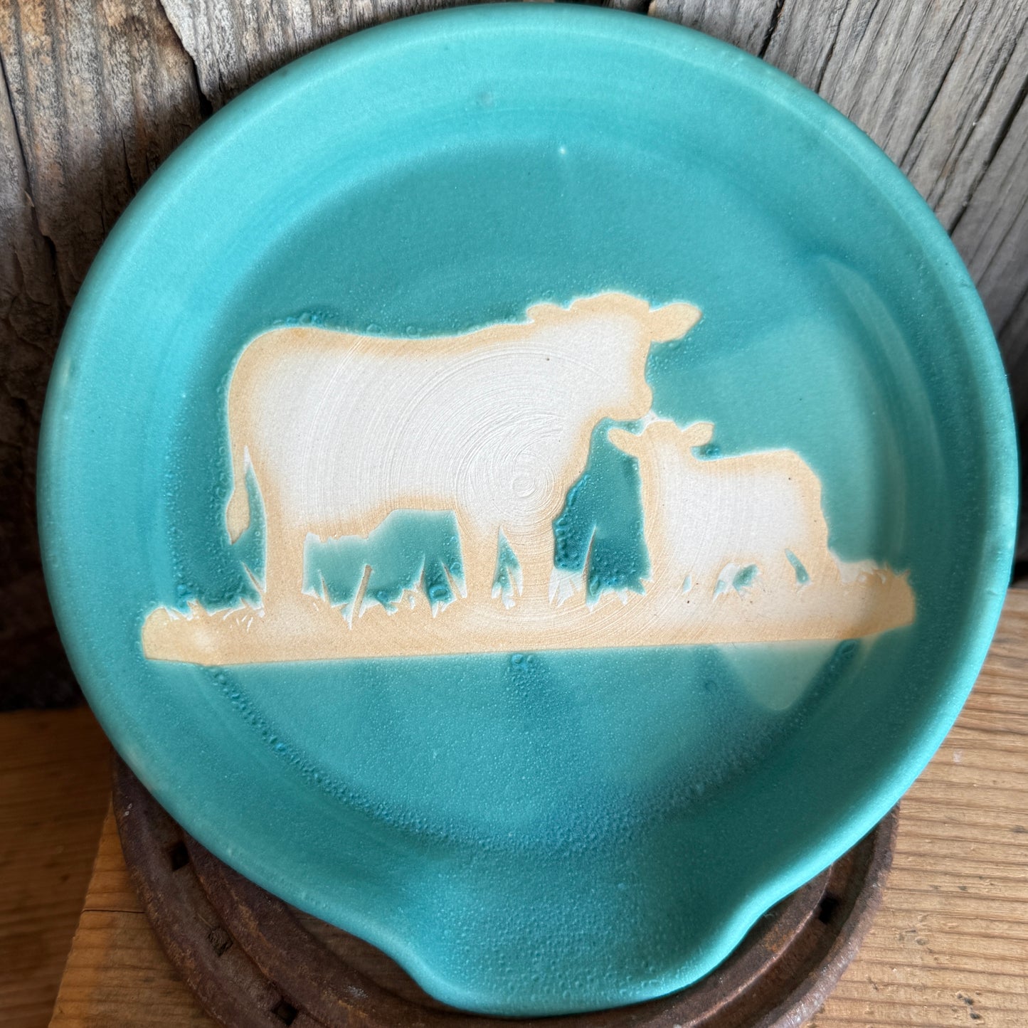 Kitchen Utensil Crock, spoon rest and Oil Bottle - turquoise cattle