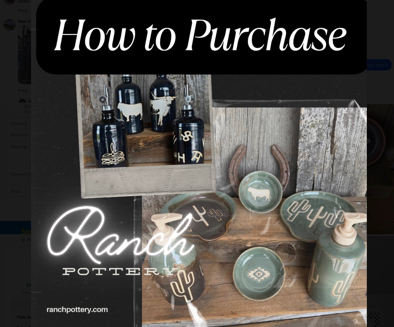 HOW TO PURCHASE - oil bottle, soap dispenser , butter dish, vase, bathroom set, crocks, plates, bowls, canisters, spoon rest, cowboy hat, dinner set