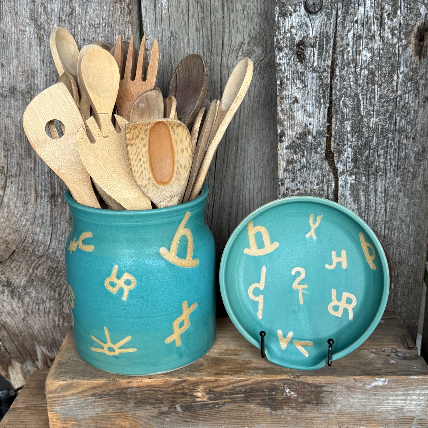 Kitchen Utensil Crock, spoon rest and Oil Bottle - Branded Turquoise
