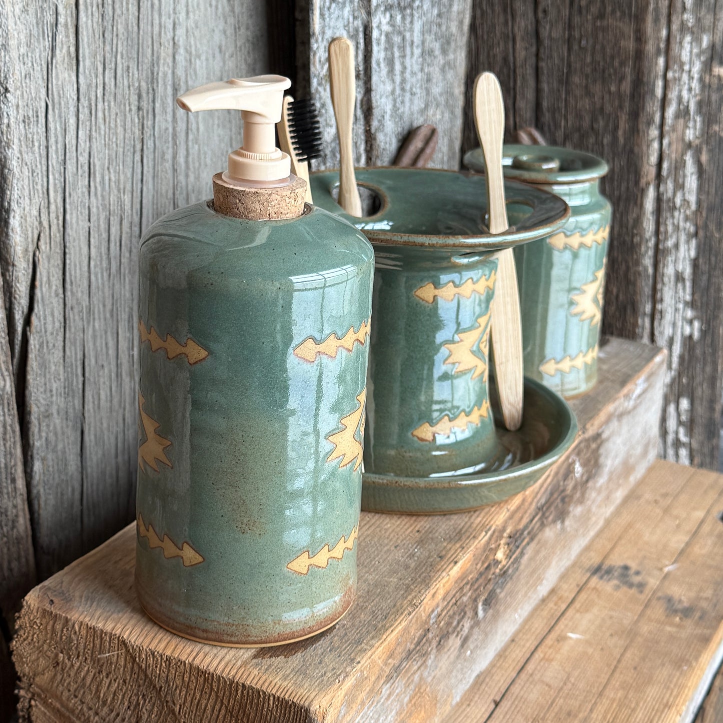Bathroom Set of 3 - Soap Bottle, canister, and toothbrush holder - Southwestern Sagebrush