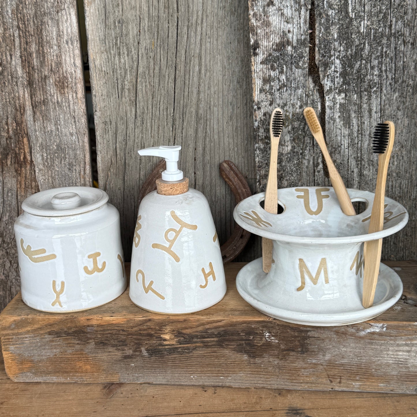 Bathroom Set of 3 - Soap Bottle, canister, and toothbrush holder - Branded White