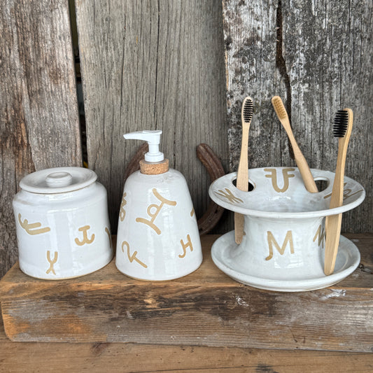 Bathroom Set of 3 - Soap Bottle, canister, and toothbrush holder - Branded White