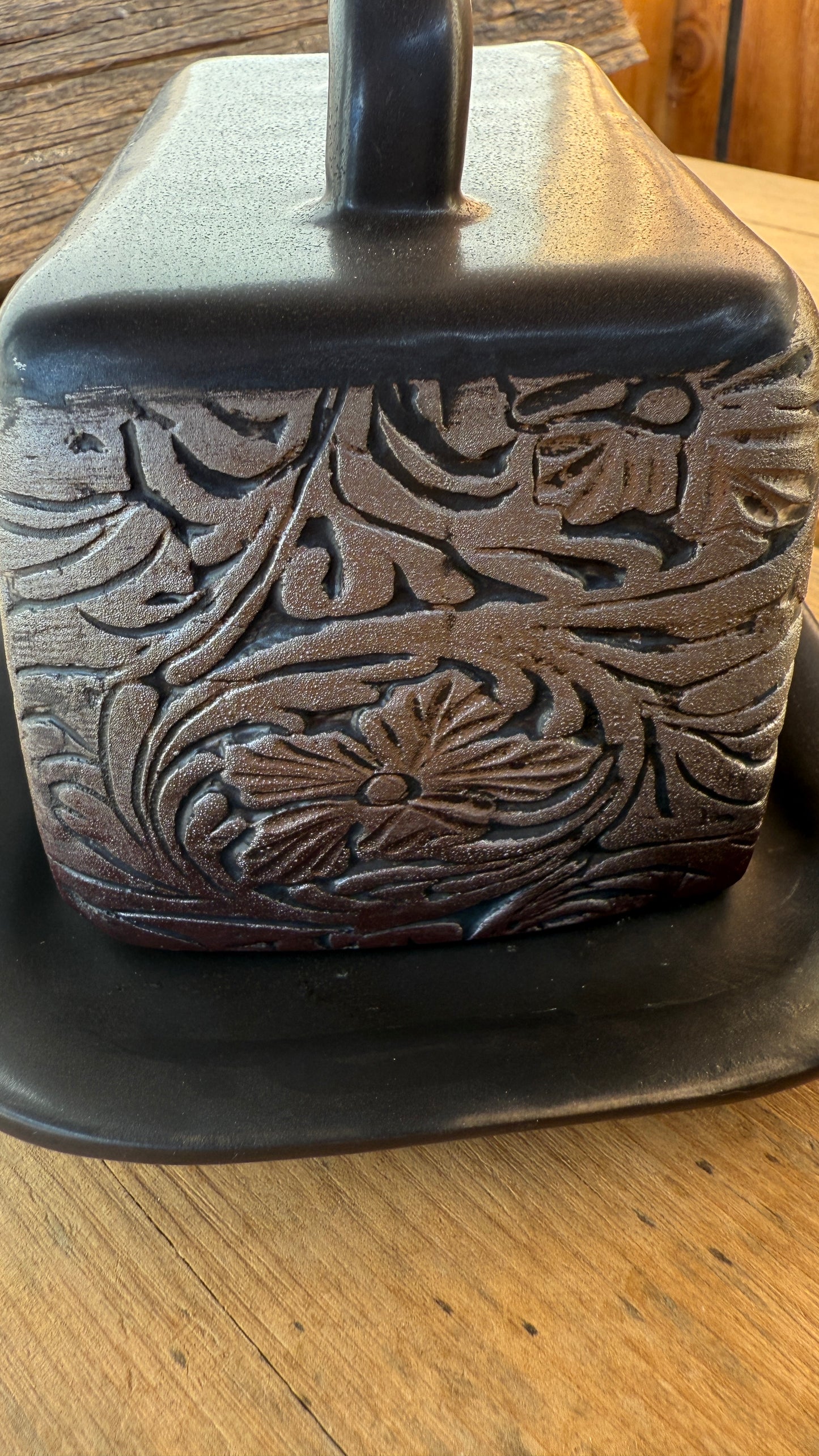 15” Stamped Leather Serving Platter and Butter Dish Set