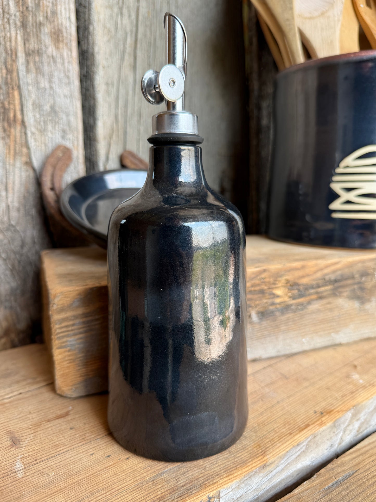 Kitchen Utensil Crock, spoon rest and Oil Bottle - gunmetal boot stitch
