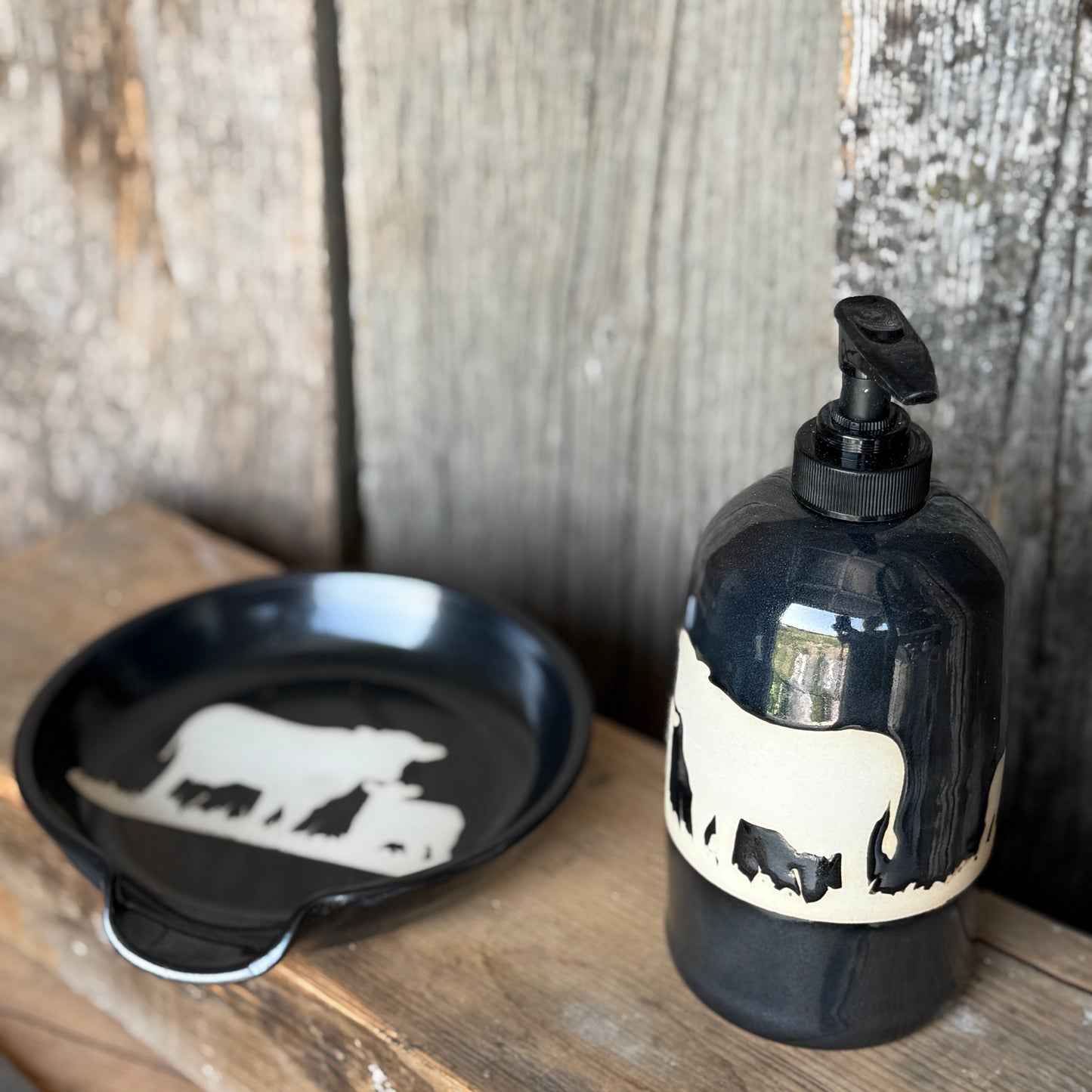 Soap dispenser and spoon rest -  Cattle In Gunmetal