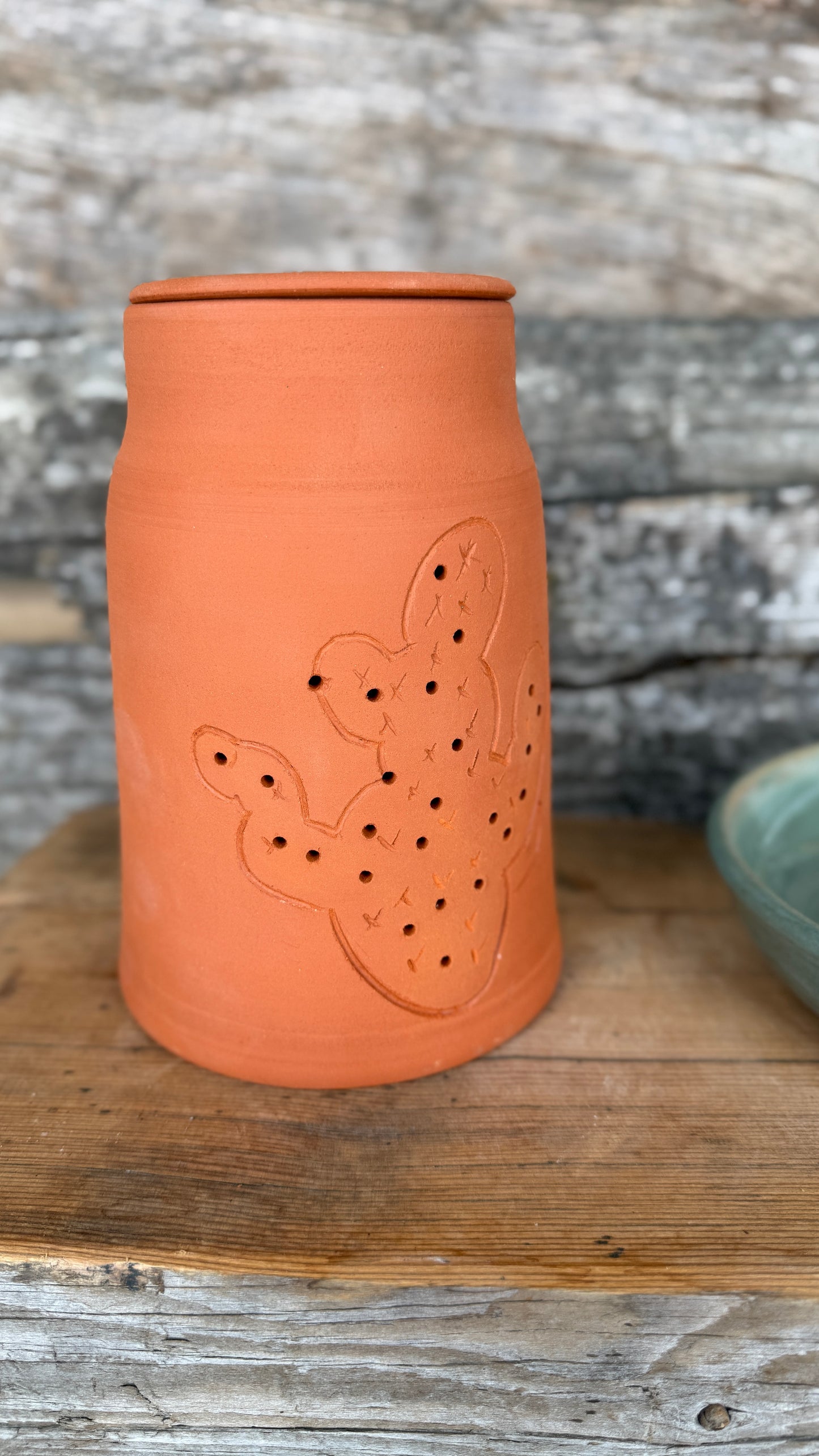 7” Prickly Pear Cactus Garlic Keeper and  Grate Plate
