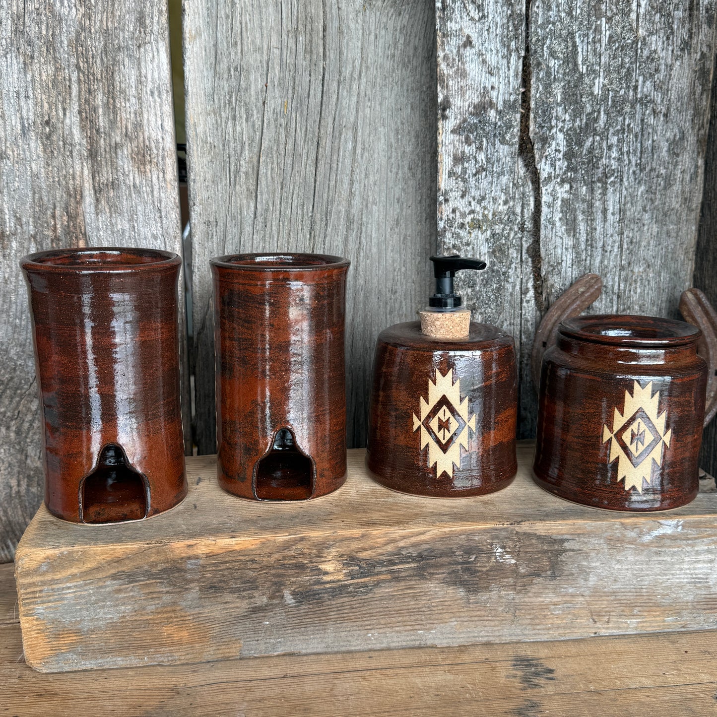 Bathroom Set of 4 - Soap Bottle, canister, and two electic toothbrush holders - Southwestern Rust