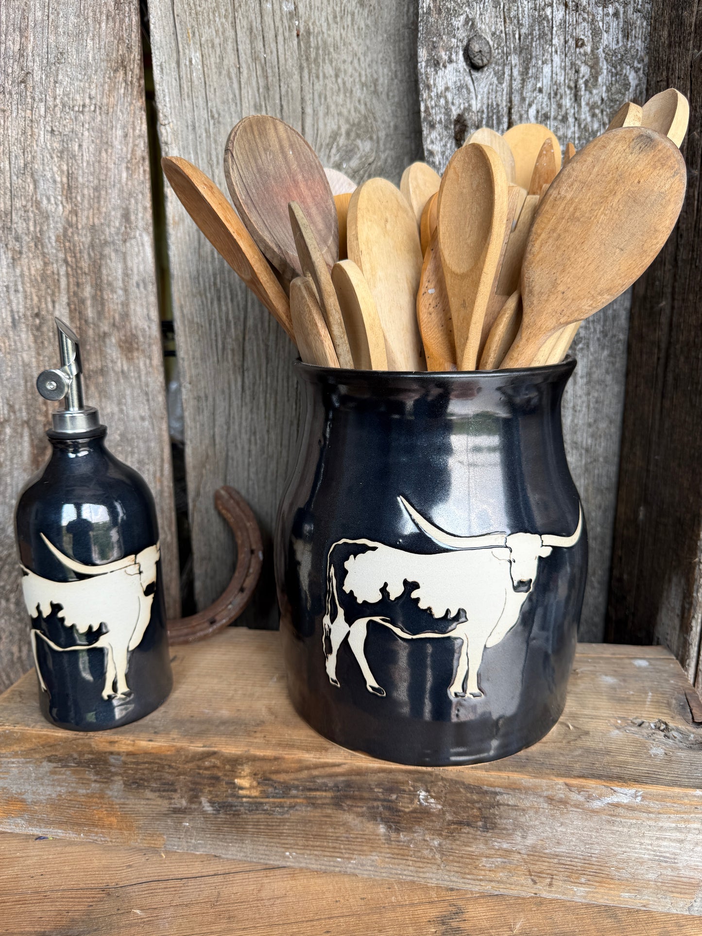 Kitchen Utensil Crock,and Oil Bottle - gunmetal Longhorn