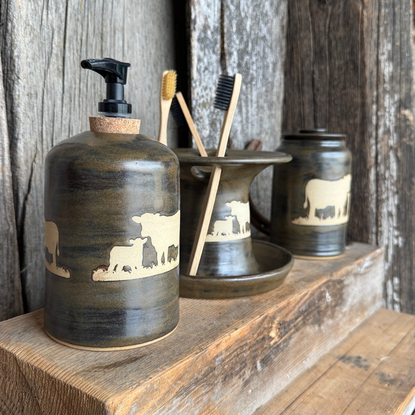 Bathroom Set of 3 - Soap Bottle, canister, and toothbrush holder - Cattle