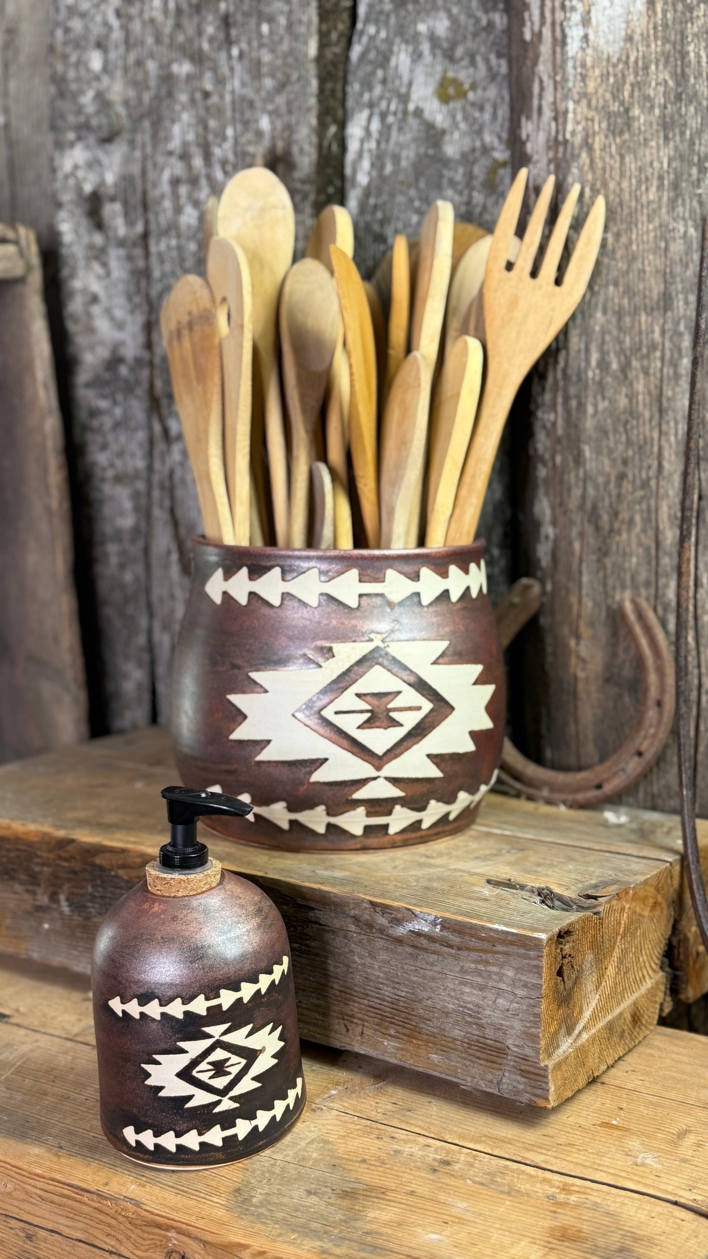 Kitchen Utensil Crock and soap dispenser - Copper southwestern