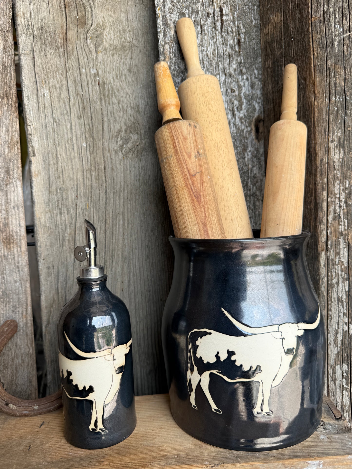 Kitchen Utensil Crock,and Oil Bottle - gunmetal Longhorn