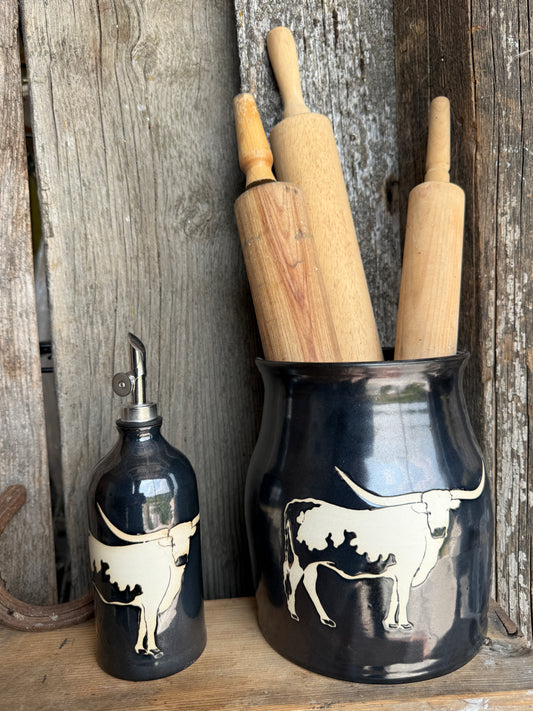 Kitchen Utensil Crock,and Oil Bottle - gunmetal Longhorn