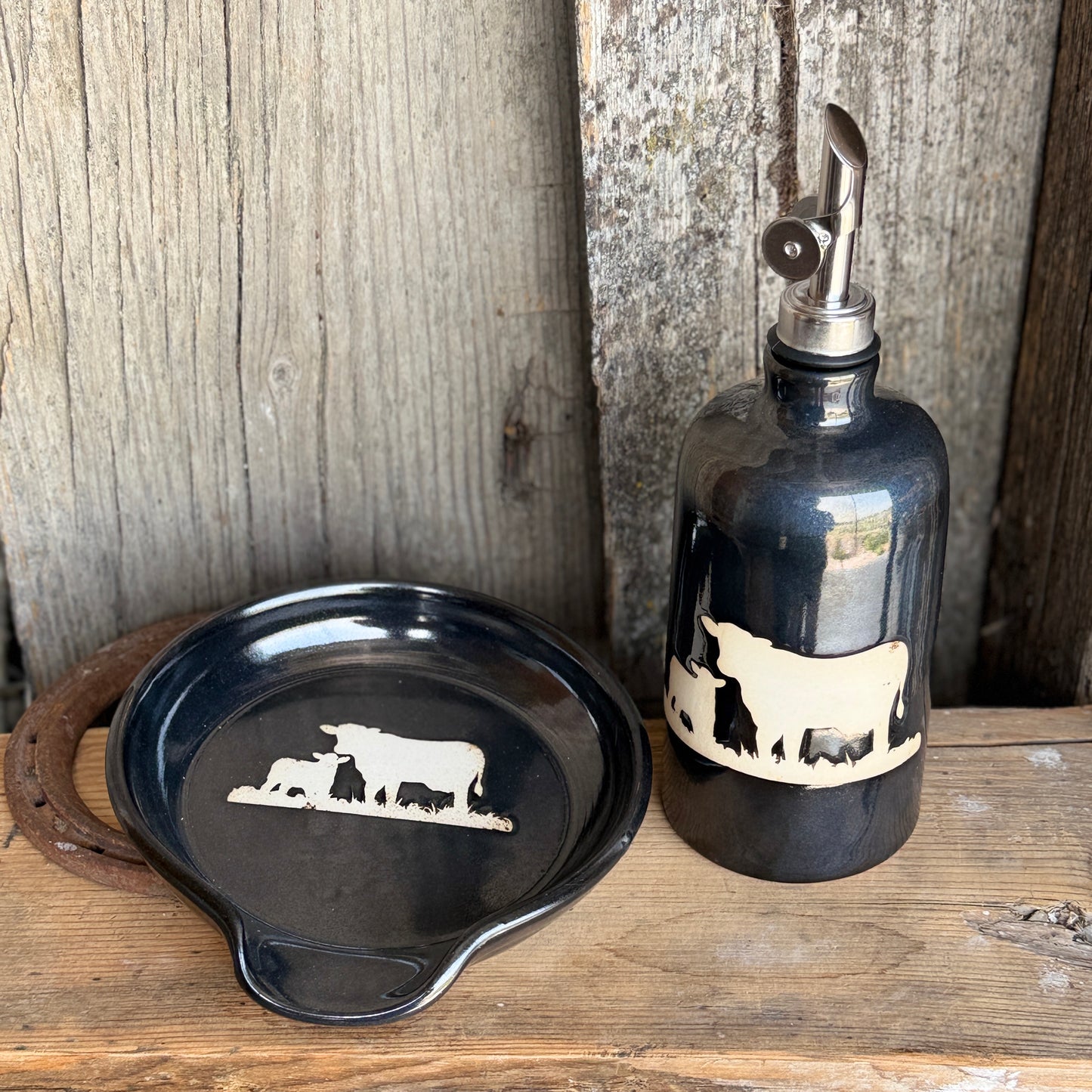 Kitchen Utensil Crock, spoon rest and soap dispenser- gunmetal cattle