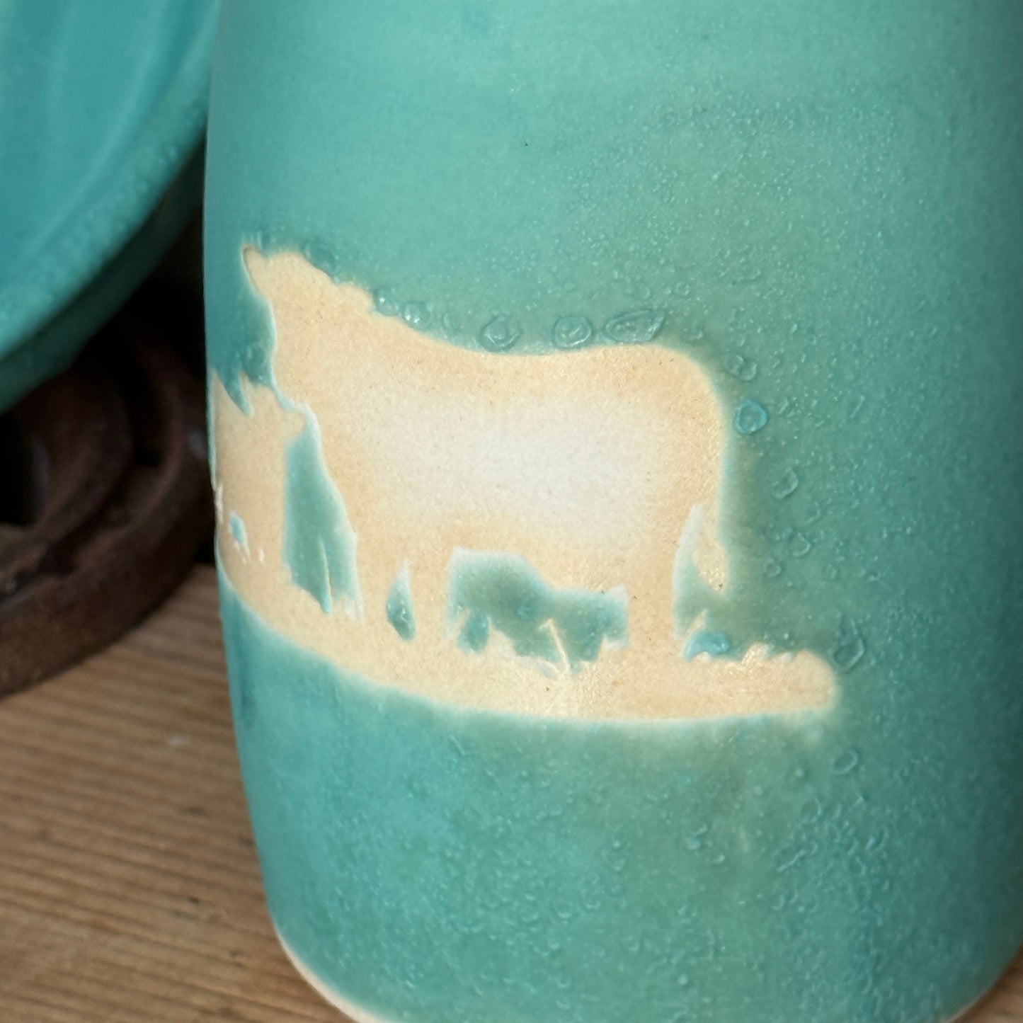 Soap dispenser and spoon rest -  Cattle in turquoise