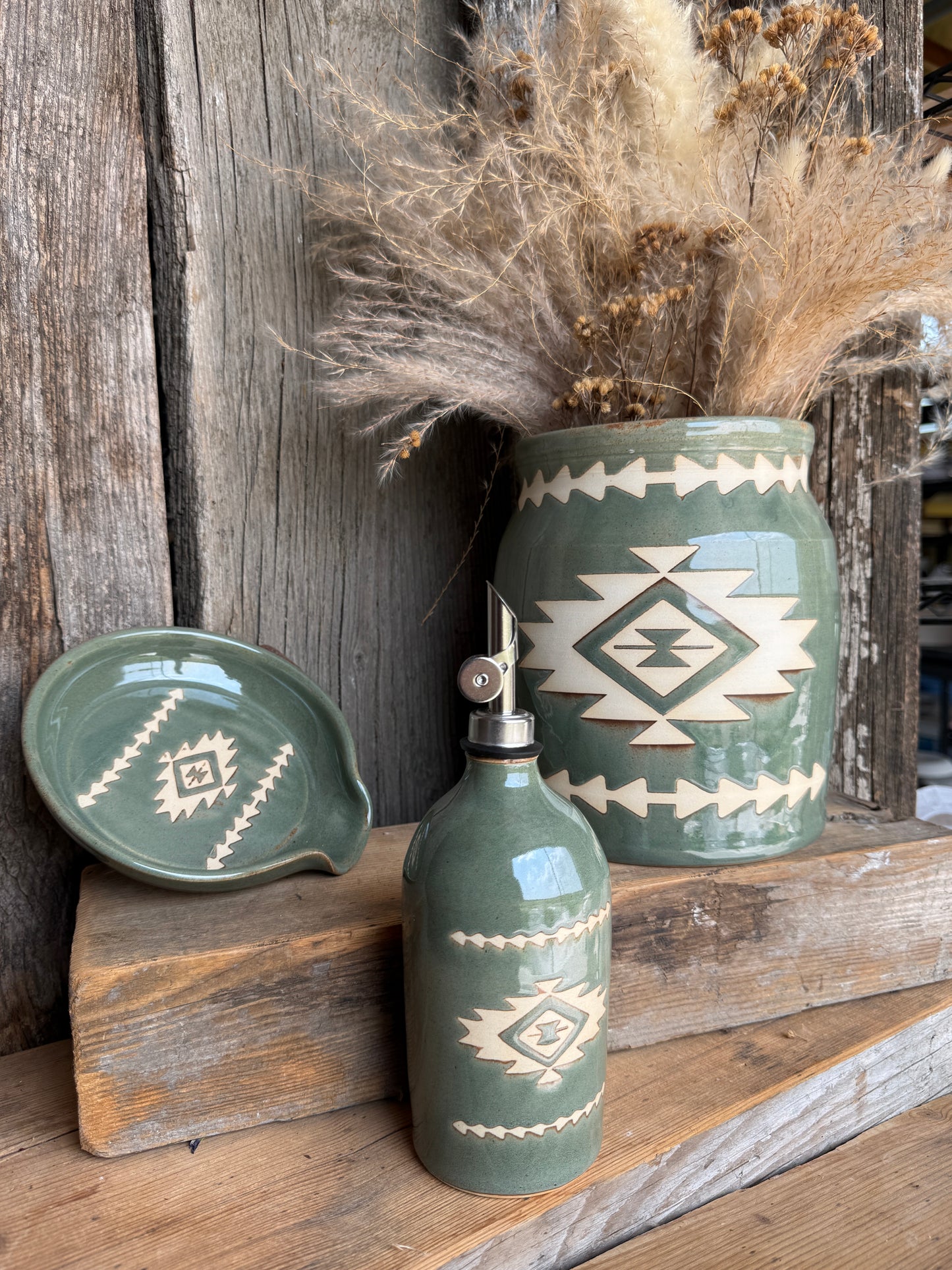 Kitchen Utensil Crock, spoon rest and Oil Bottle - sagebrush southwestern