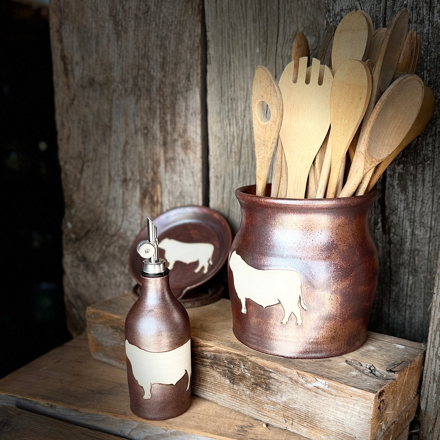 Kitchen Utensil Crock, spoon rest and Oil Bottle - Copper Cattle
