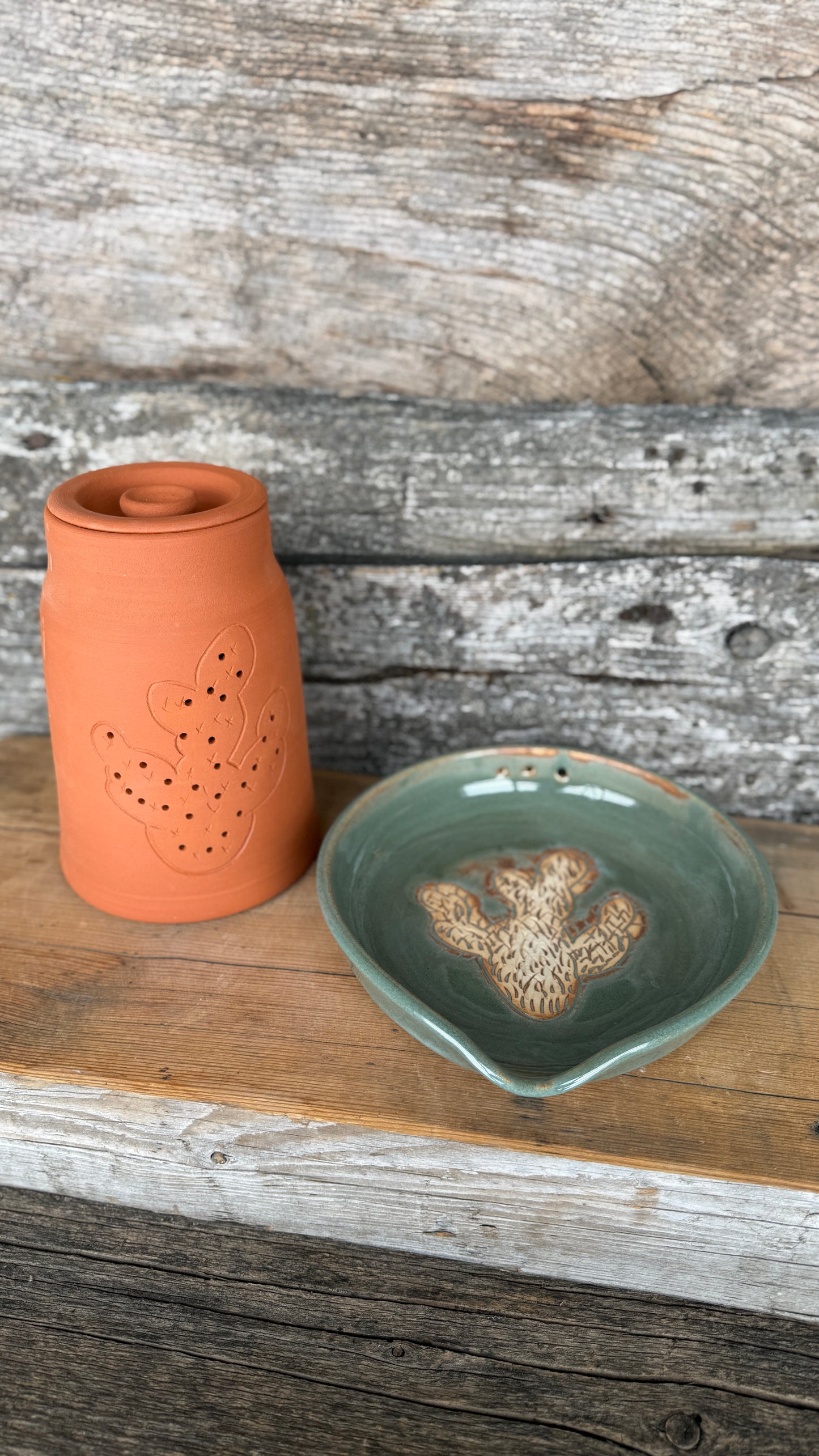 7” Prickly Pear Cactus Garlic Keeper and  Grate Plate