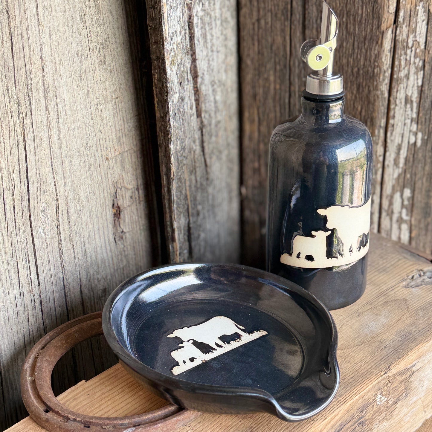 Kitchen Utensil Crock, spoon rest and soap dispenser- gunmetal cattle