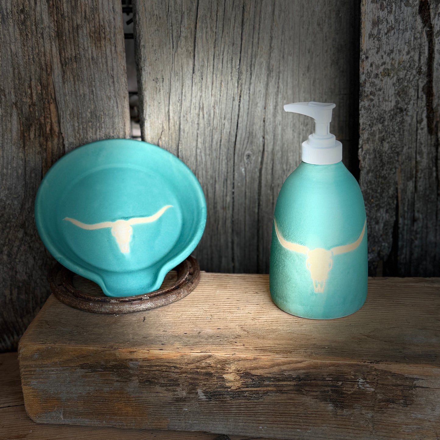 Soap dispenser and spoon rest -  longhorn skull in turquoise