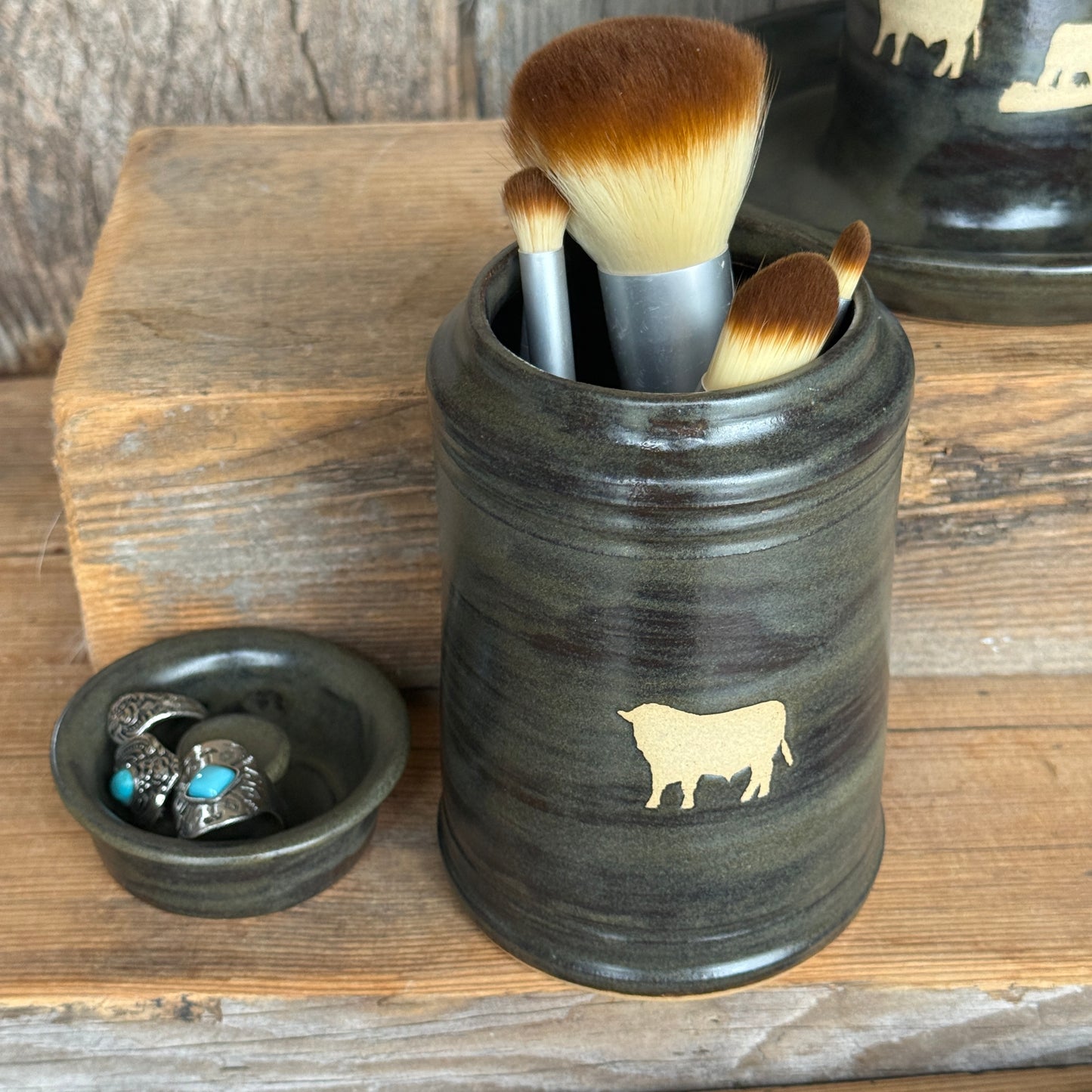 Bathroom Set of 3 - Soap Bottle, canister, and toothbrush holder - Cattle Chicory