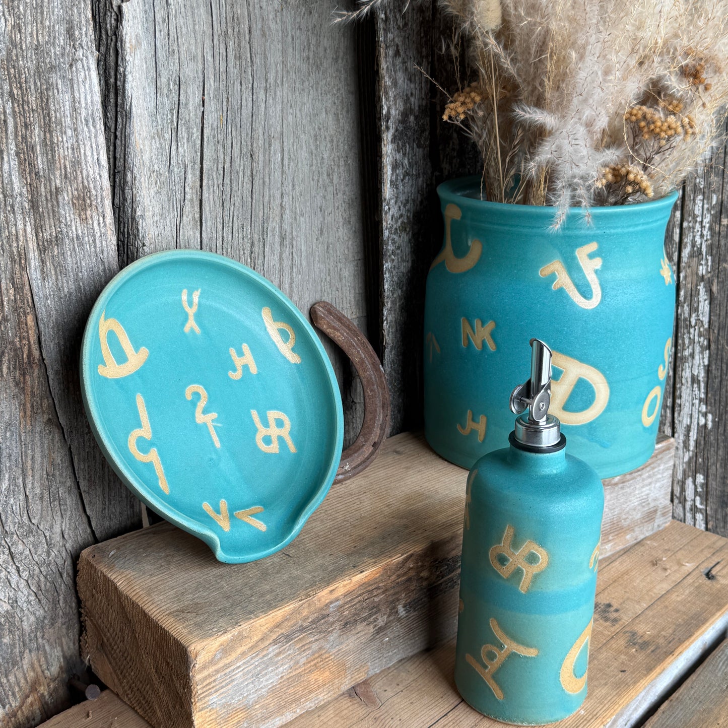Kitchen Utensil Crock, spoon rest and Oil Bottle - Branded Turquoise