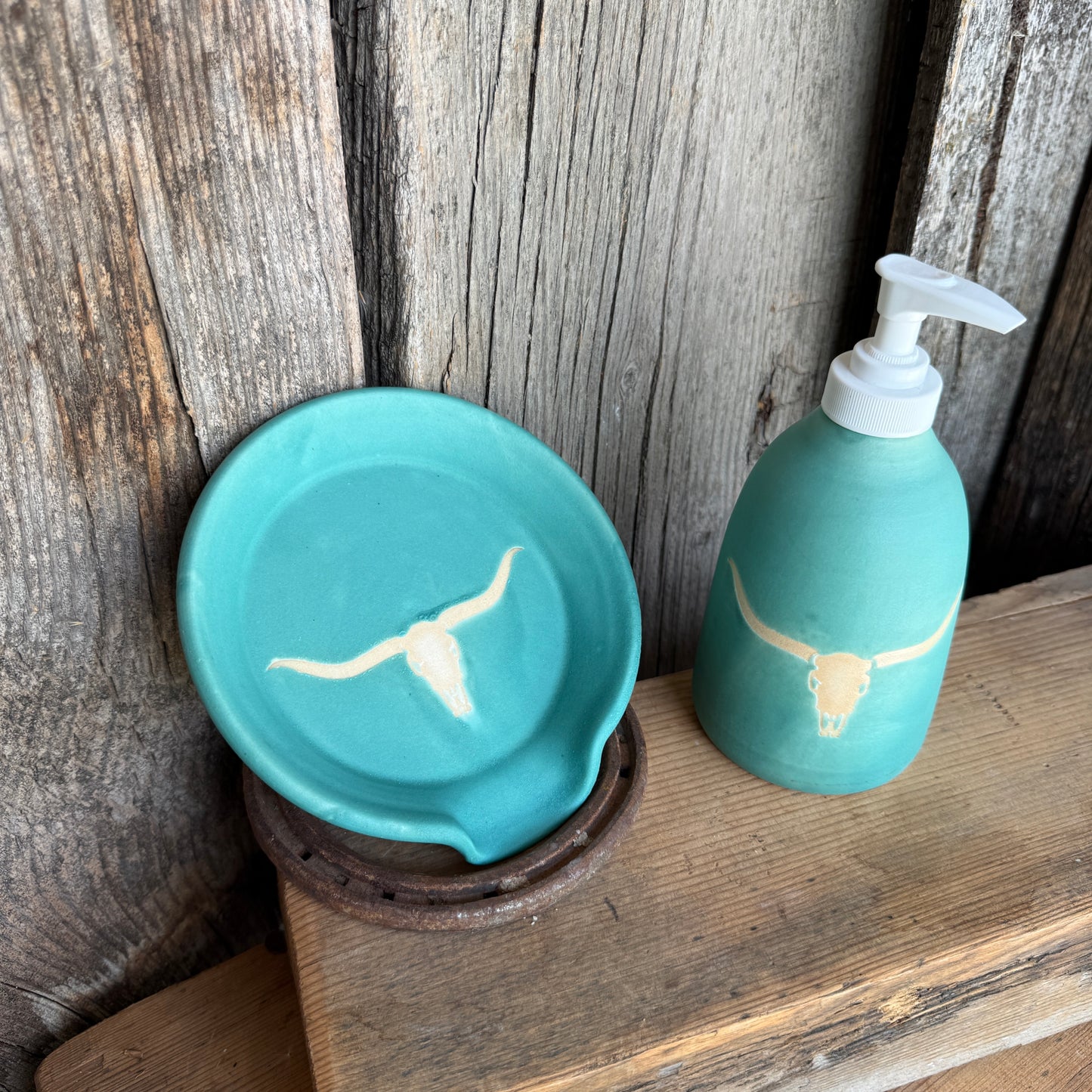 Soap dispenser and spoon rest -  longhorn skull in turquoise