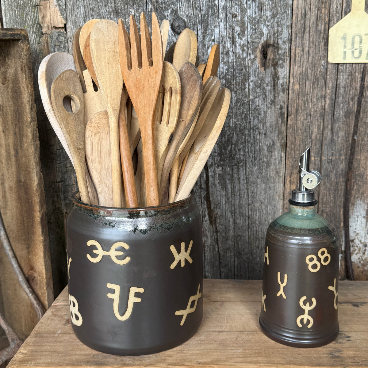 Kitchen Utensil Crock,and Oil Bottle - Leather/ Sagebrush Branded