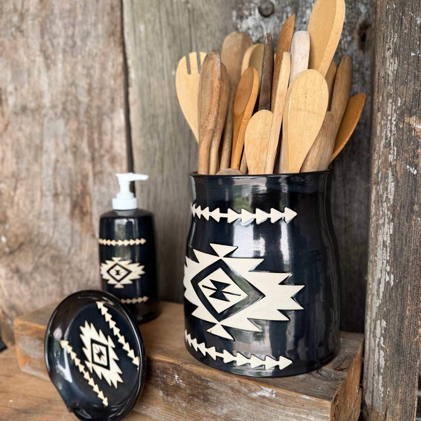 Kitchen Utensil Crock, spoon rest and soap dispenser- gunmetal southwestern