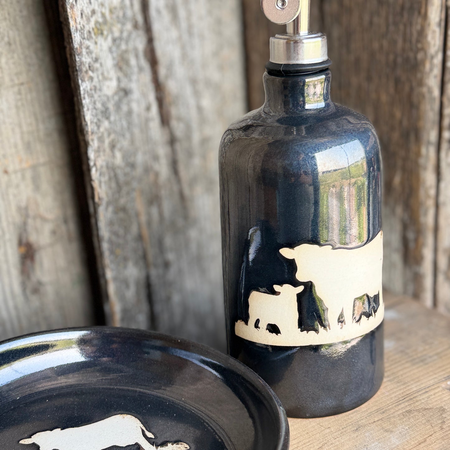 Kitchen Utensil Crock, spoon rest and soap dispenser- gunmetal cattle