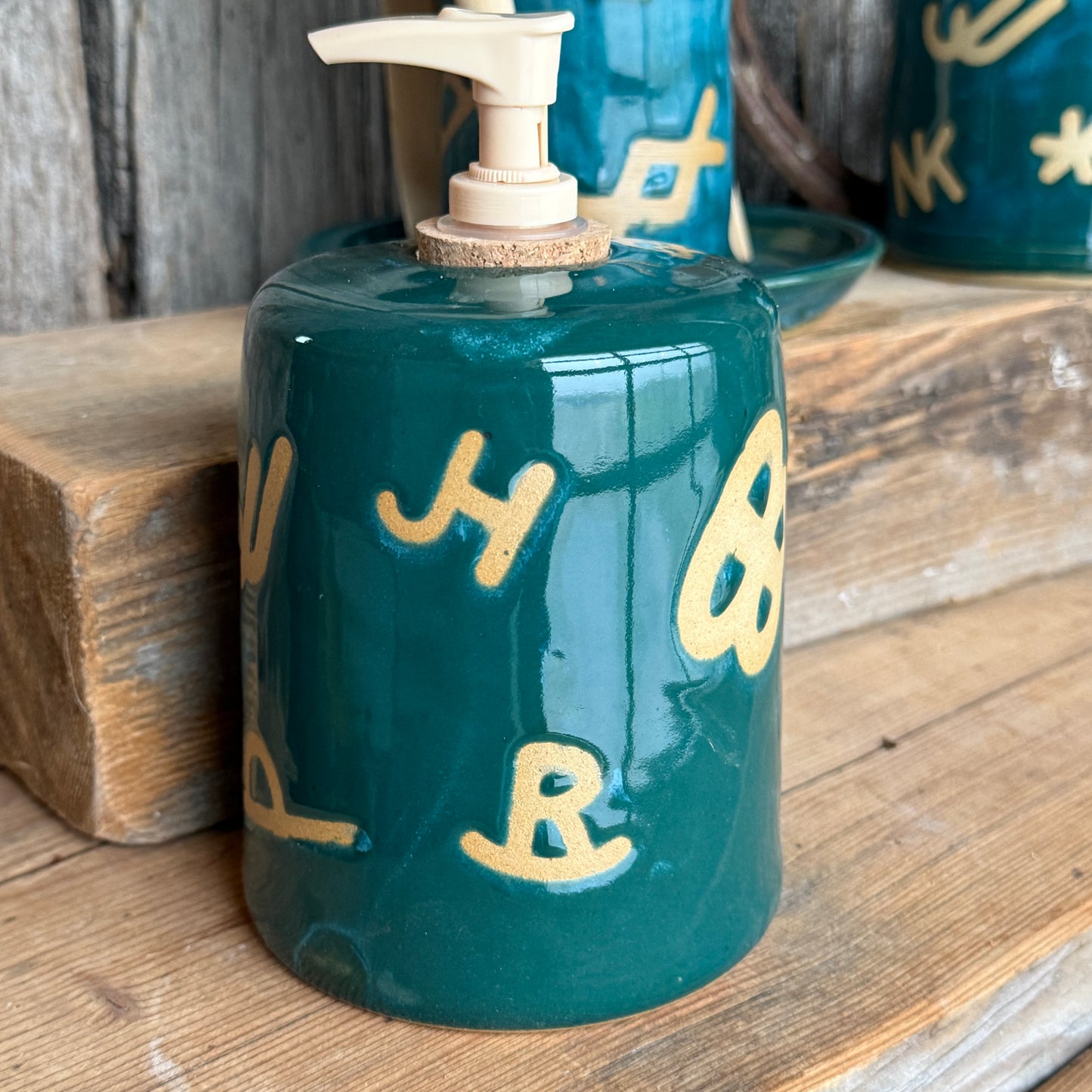 Bathroom Set of 3 - Soap Bottle, canister, and toothbrush holder - Branded Green Turquoise