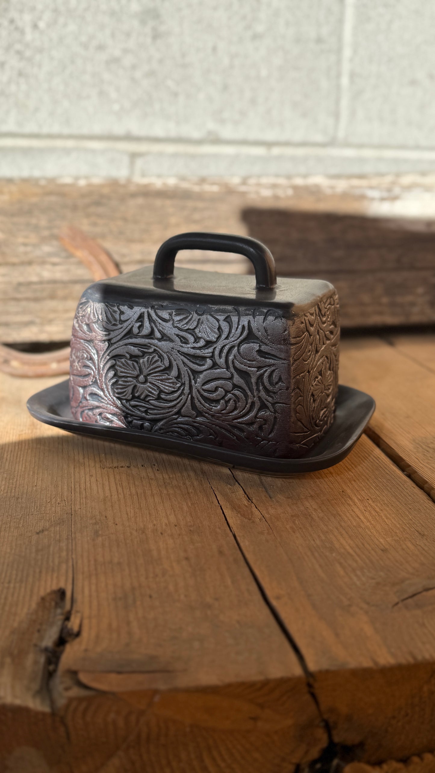 15” Stamped Leather Serving Platter and Butter Dish Set