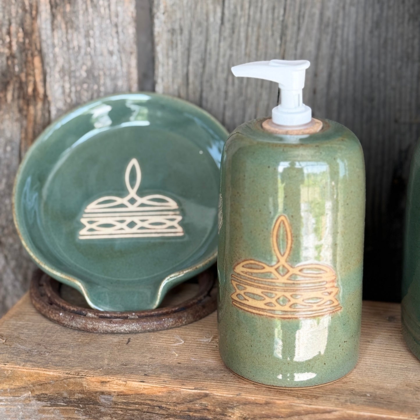 Kitchen Utensil Crock, soap, dispenser and Oil Bottle - Sagebrush Boot Stitch
