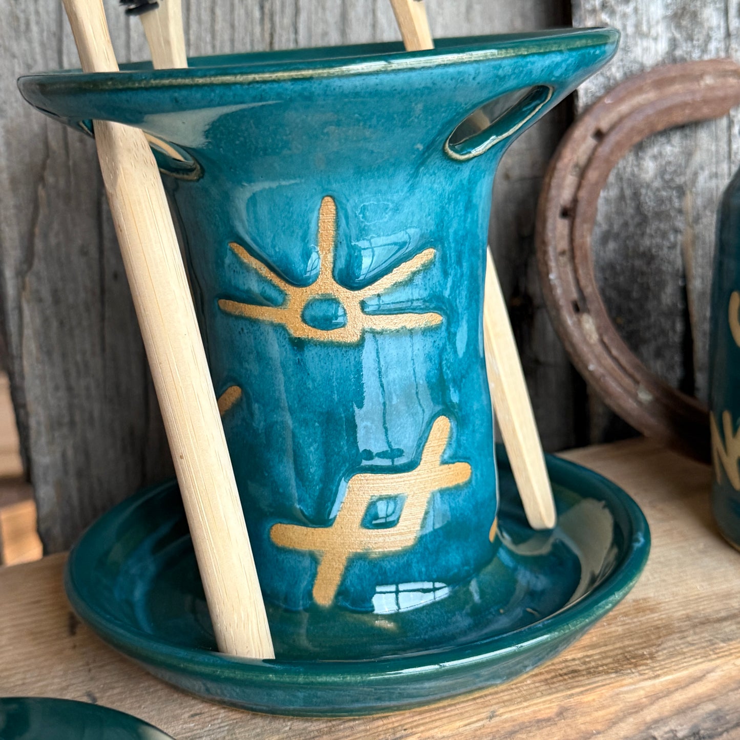 Bathroom Set of 3 - Soap Bottle, canister, and toothbrush holder - Branded Green Turquoise