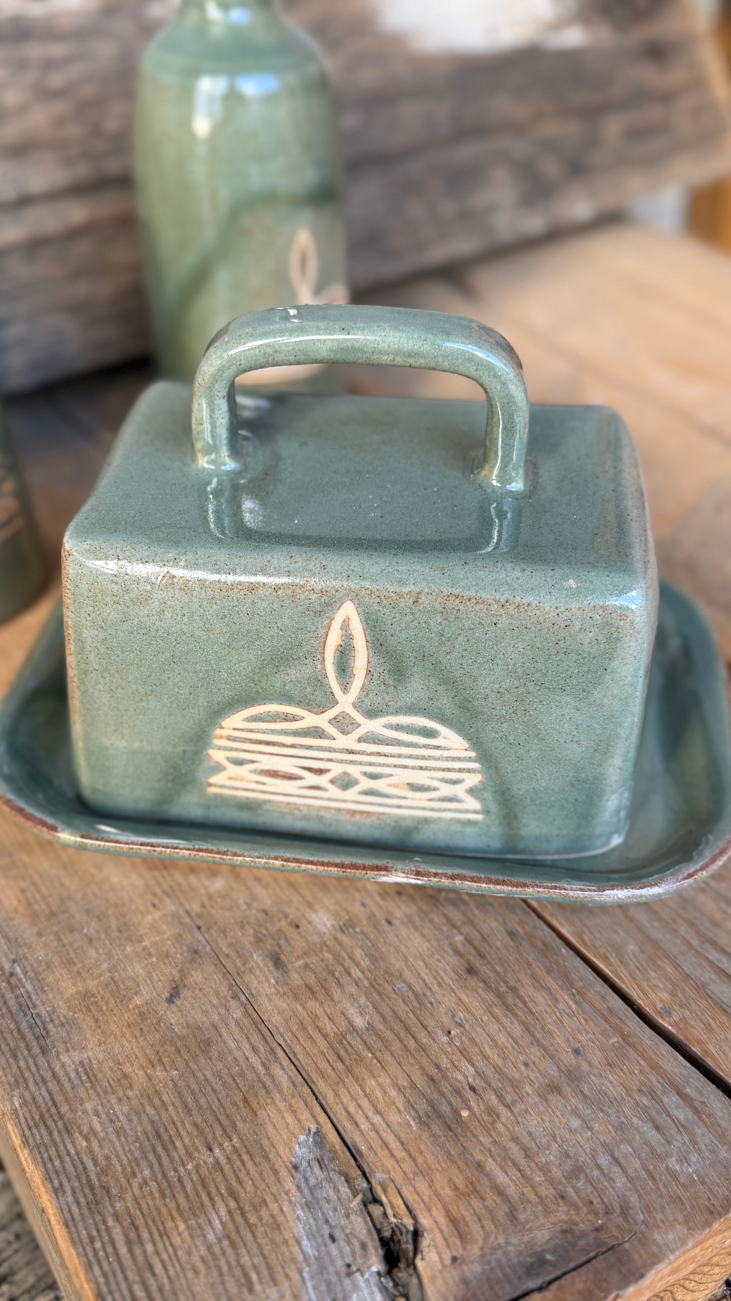 Set- Bootstitch Butter dish, soap dispenser and oil bottle