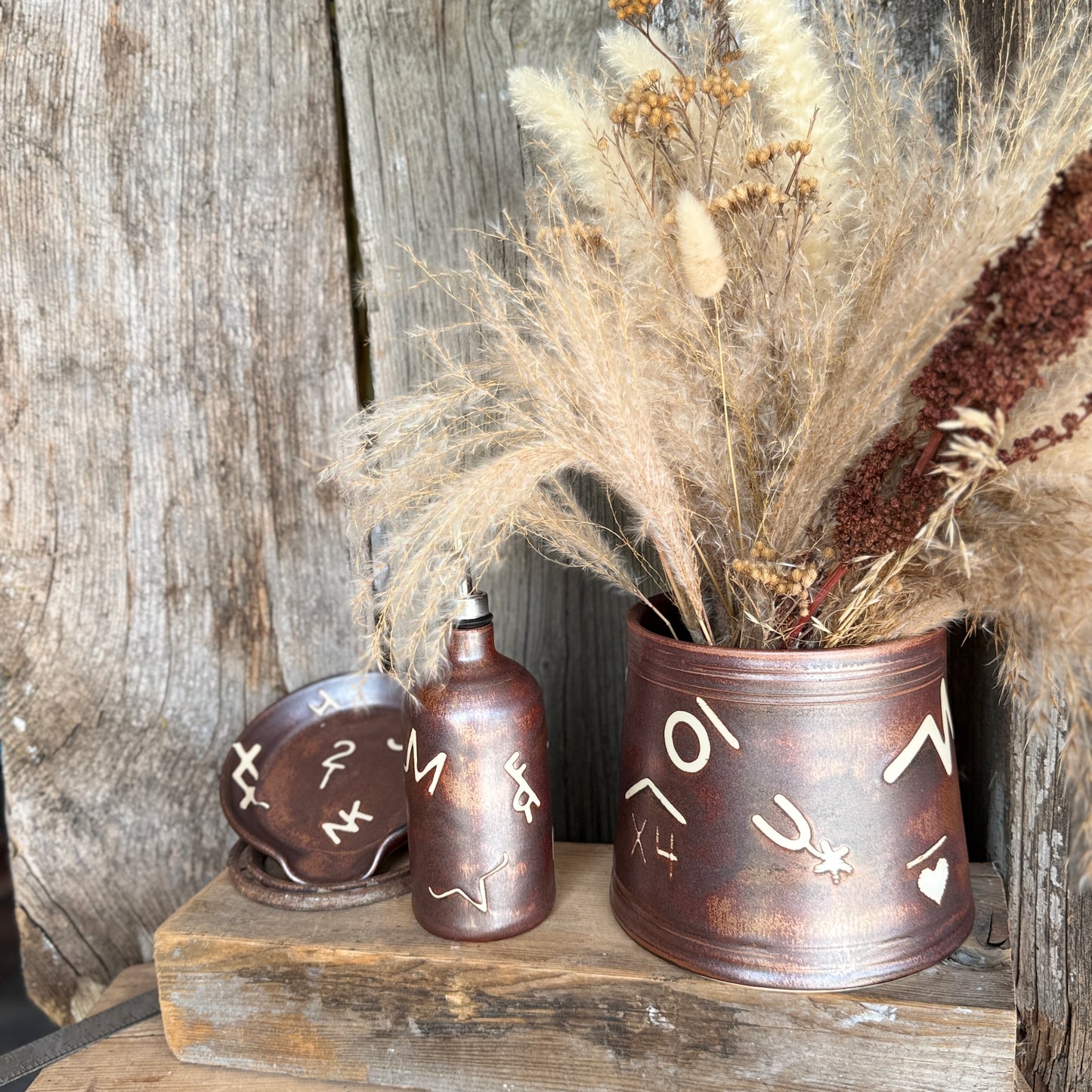Kitchen Utensil Crock, spoon rest and Oil Bottle - Copper Branded