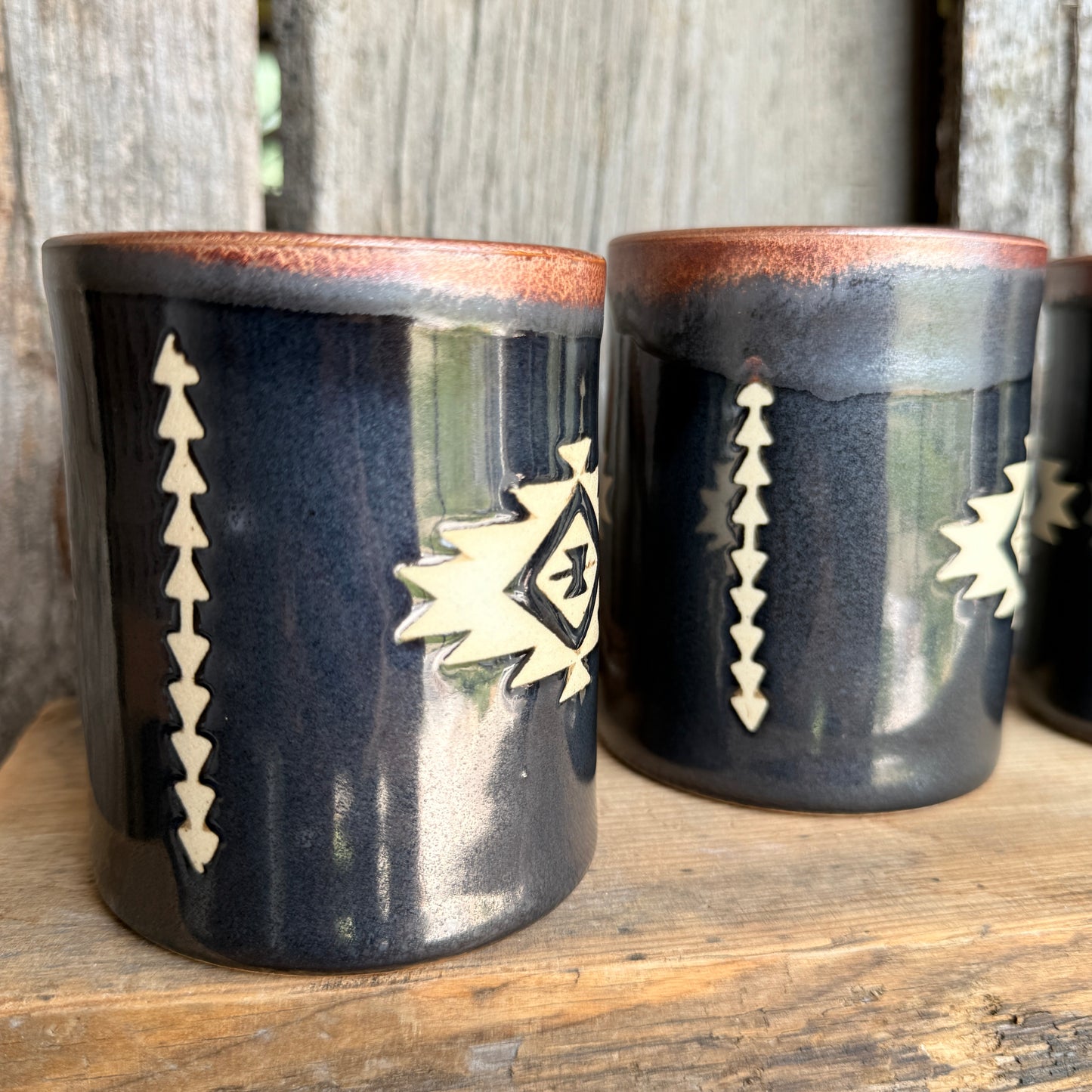 Cup Set of 4 - southwestern copper and gun medal