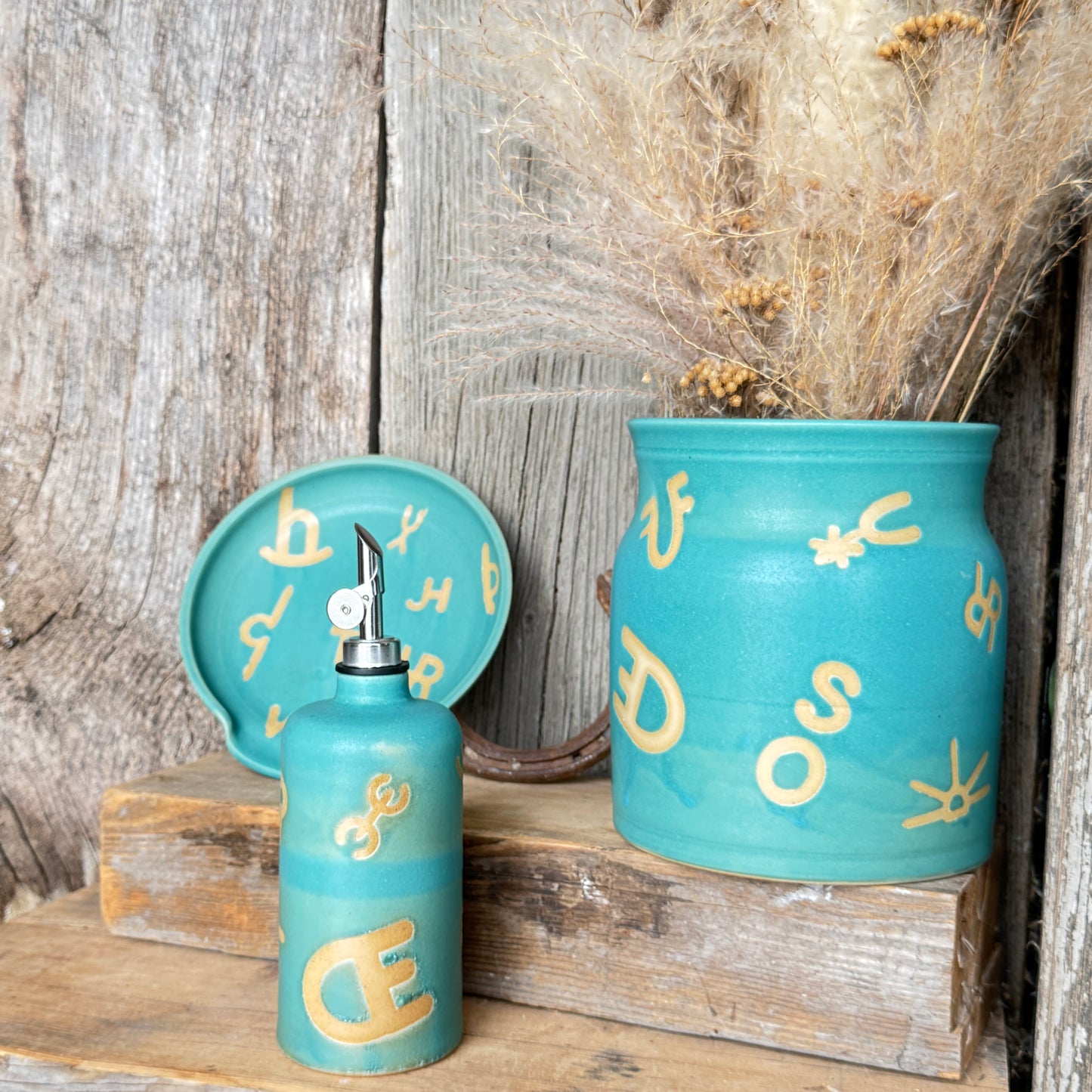 Kitchen Utensil Crock, spoon rest and Oil Bottle - Branded Turquoise