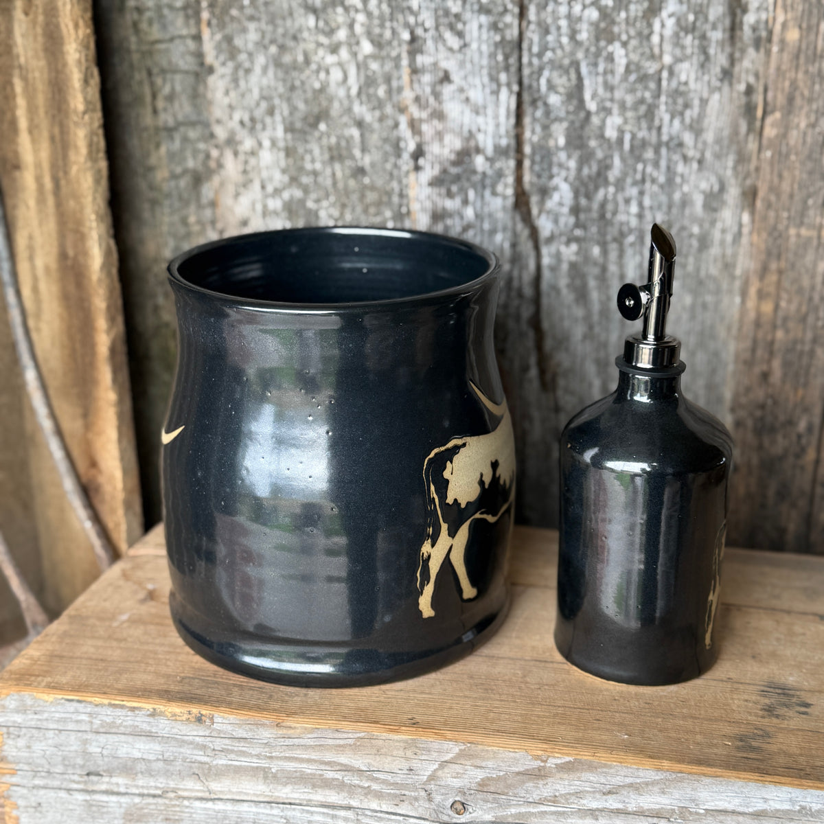 Kitchen Utensil Crock,and Oil Bottle - Gunmetal Longhorn