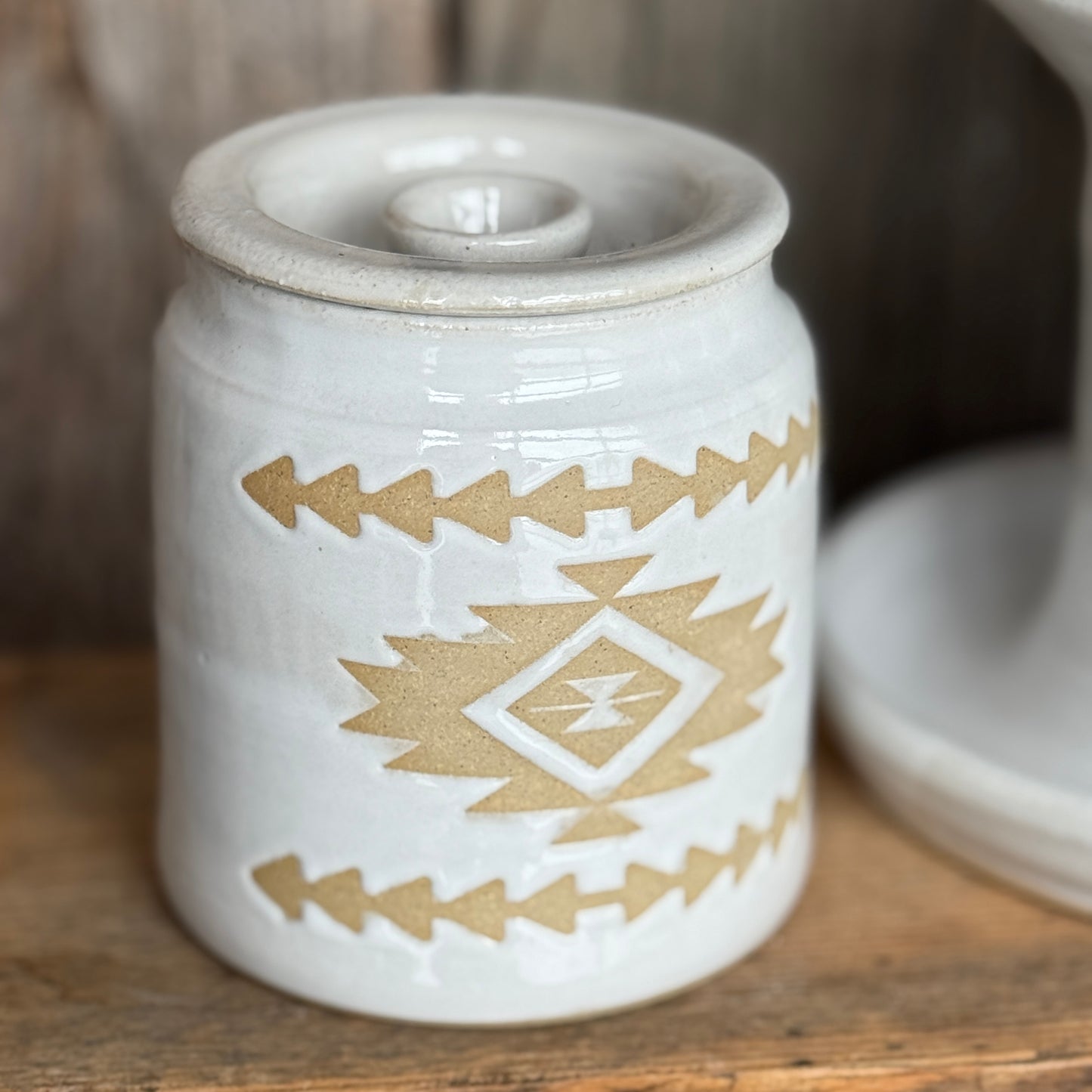 Bathroom Set of 3 - Soap Bottle, canister, and toothbrush holder - Southwestern White