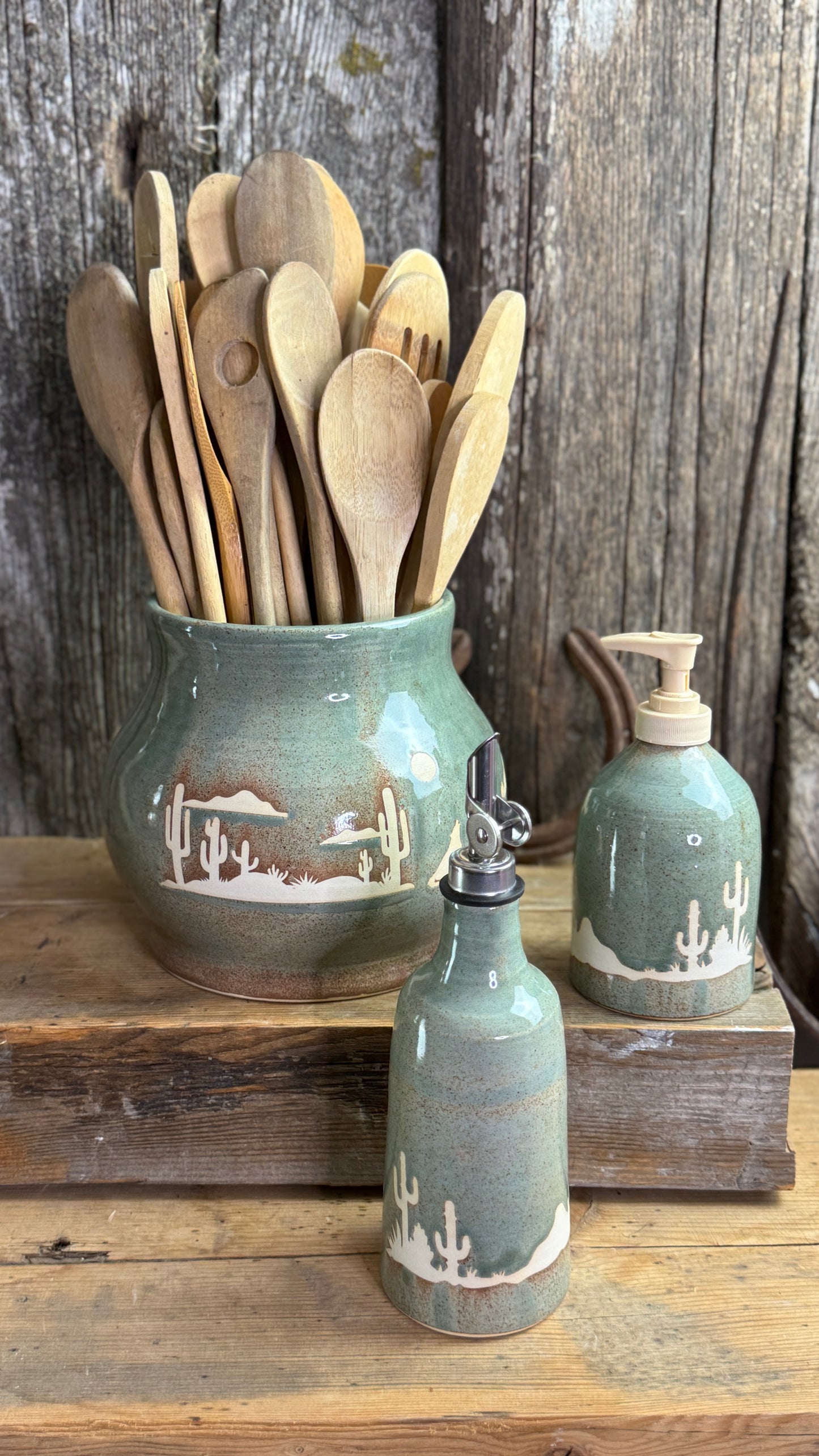 Kitchen crock set with oil and soap bottle- Desert Sagebrush