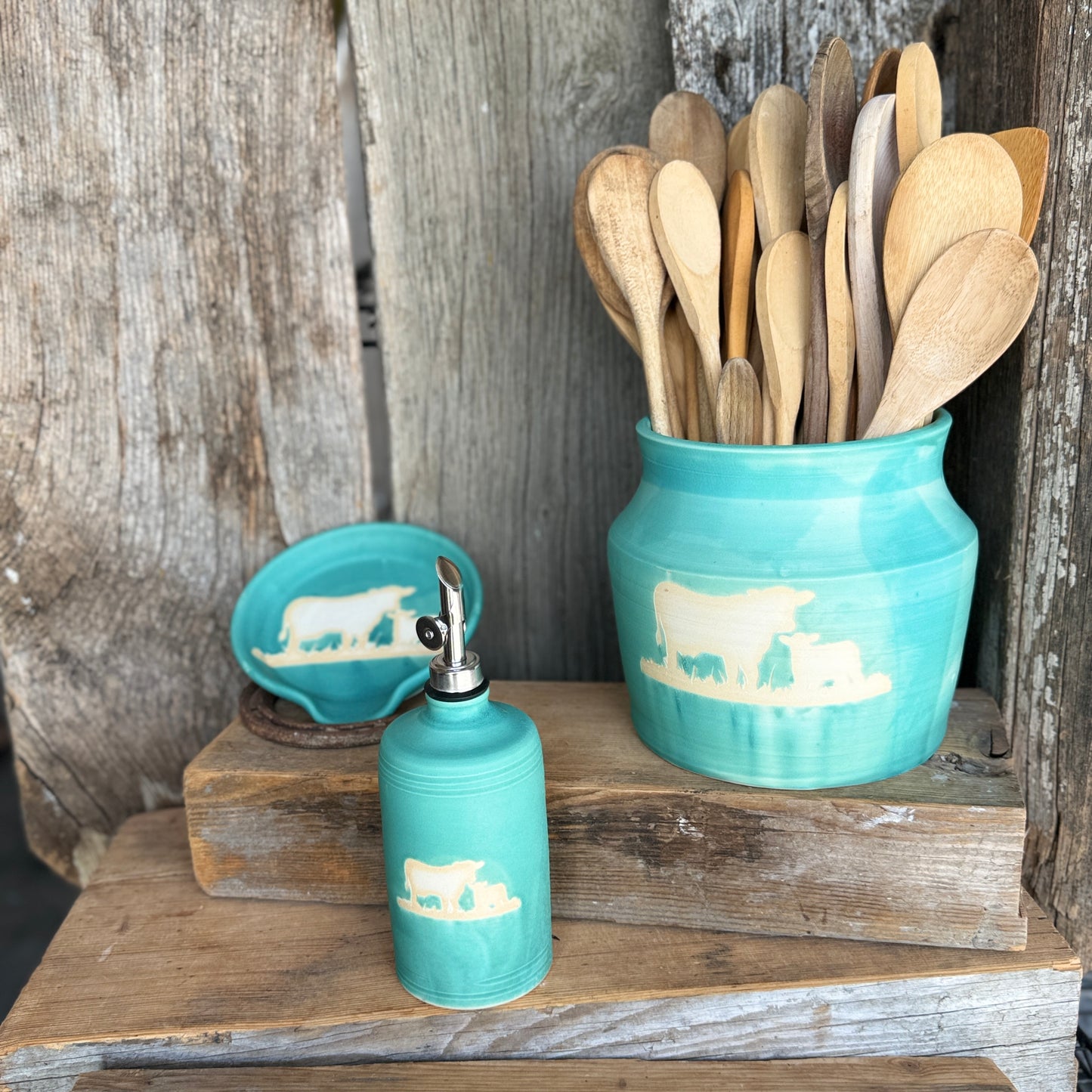Kitchen Utensil Crock, spoon rest and Oil Bottle - turquoise cattle