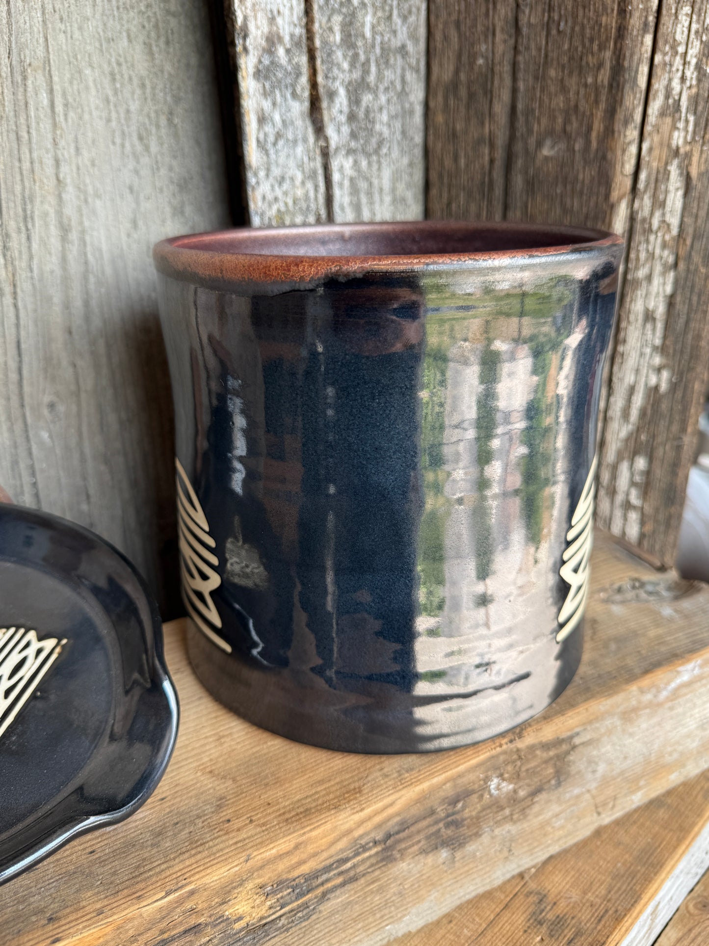 Kitchen Utensil Crock, spoon rest and Oil Bottle - gunmetal boot stitch