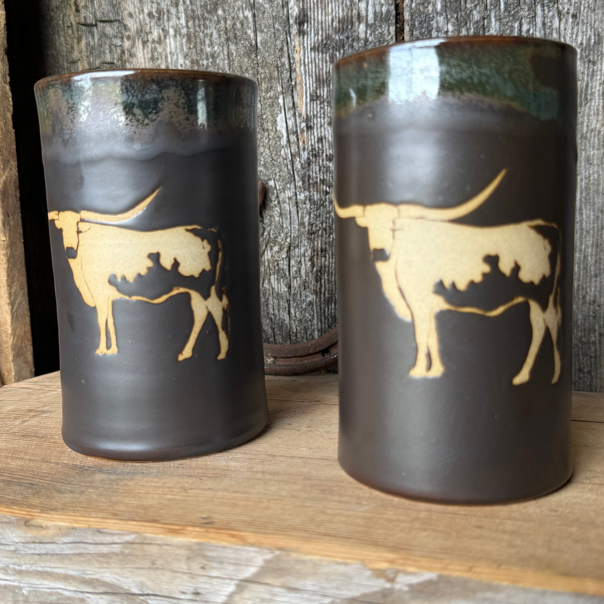 Cup Set of 2- Texas Longhorn Leather