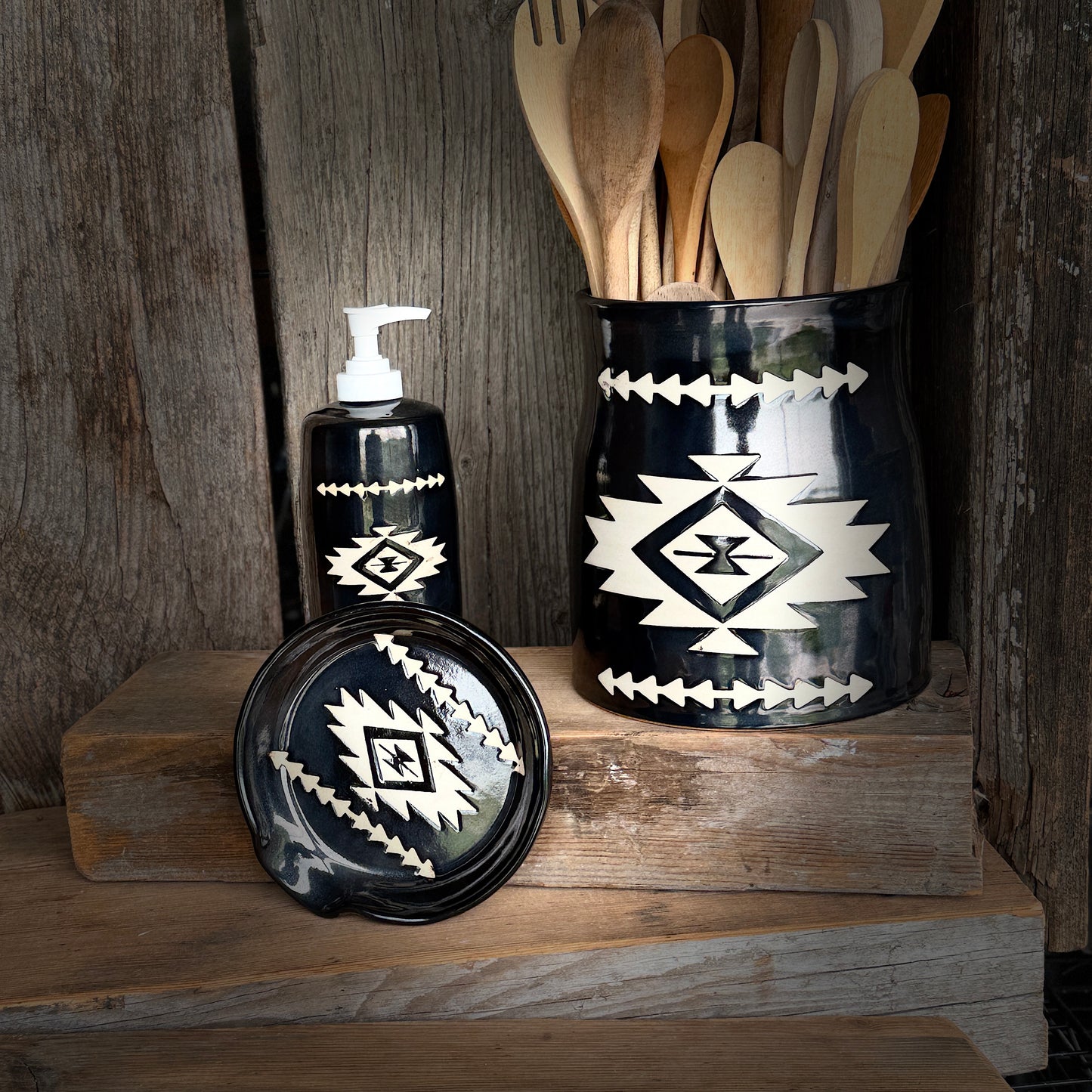 Kitchen Utensil Crock, spoon rest and soap dispenser- gunmetal southwestern