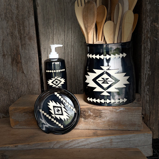 Kitchen Utensil Crock, spoon rest and soap dispenser- gunmetal southwestern